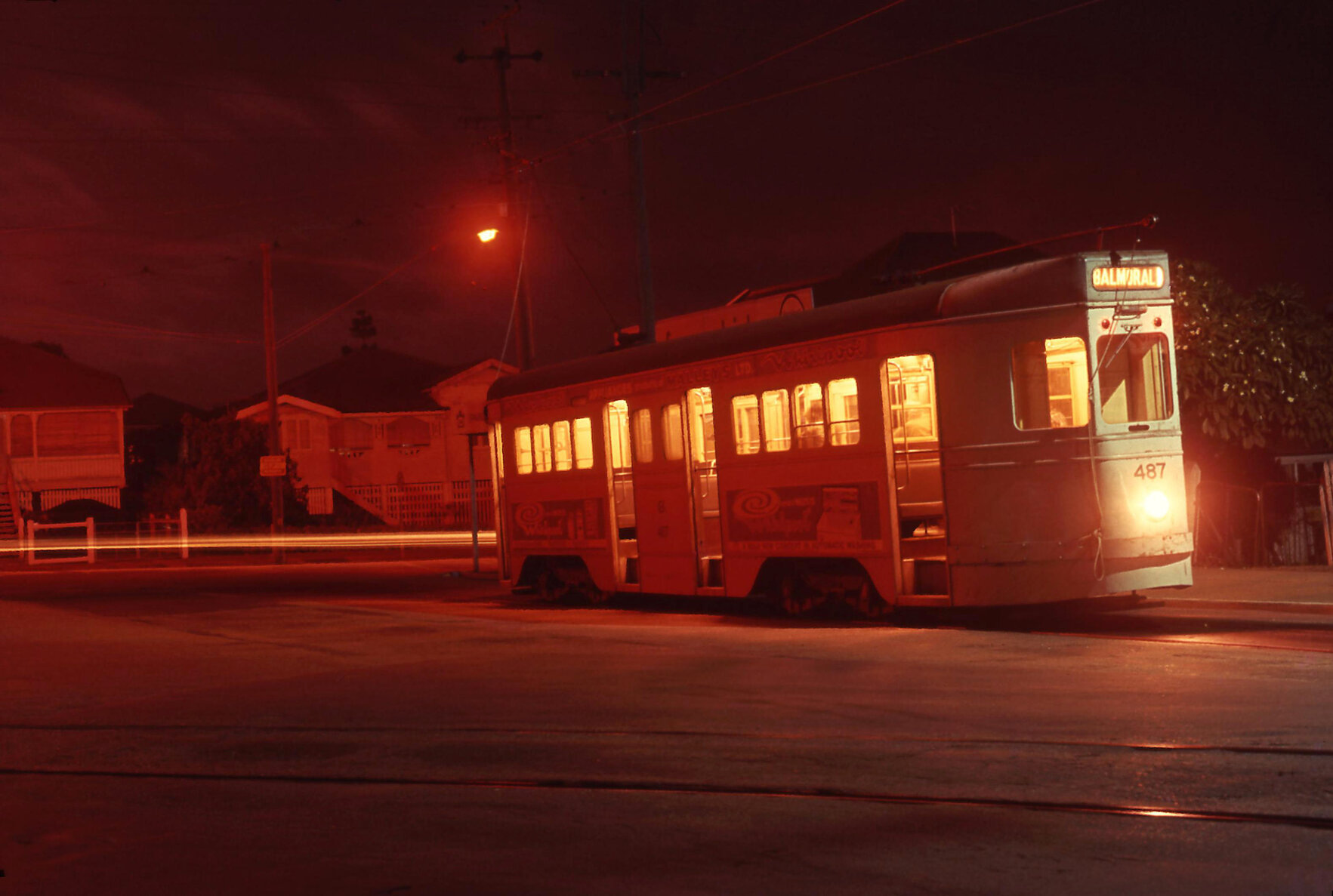 Tram No. 487 on terminus loop, Lancaster Road, Ascot, at night - 1969