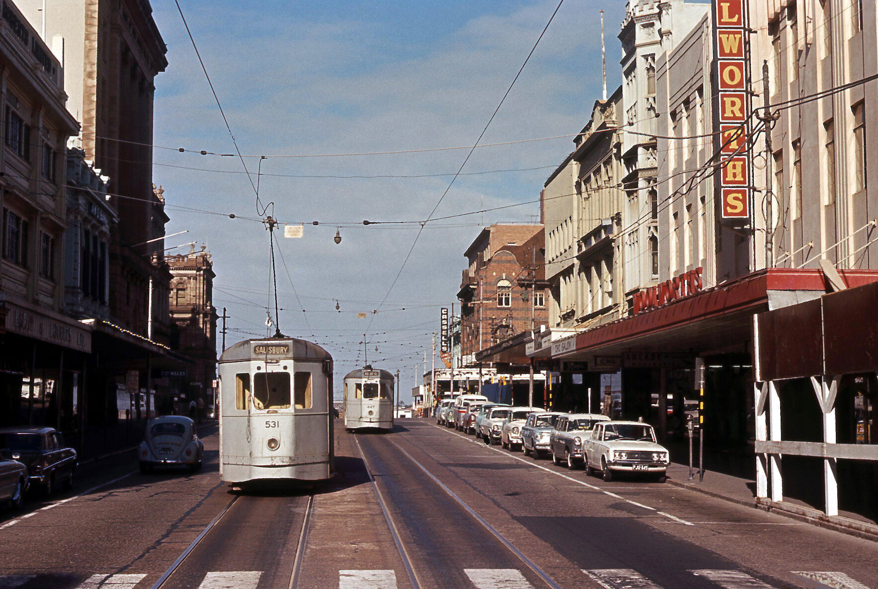 Trams No. 531 and No. 447 passing in Queen Street, Brisbane City - 1969