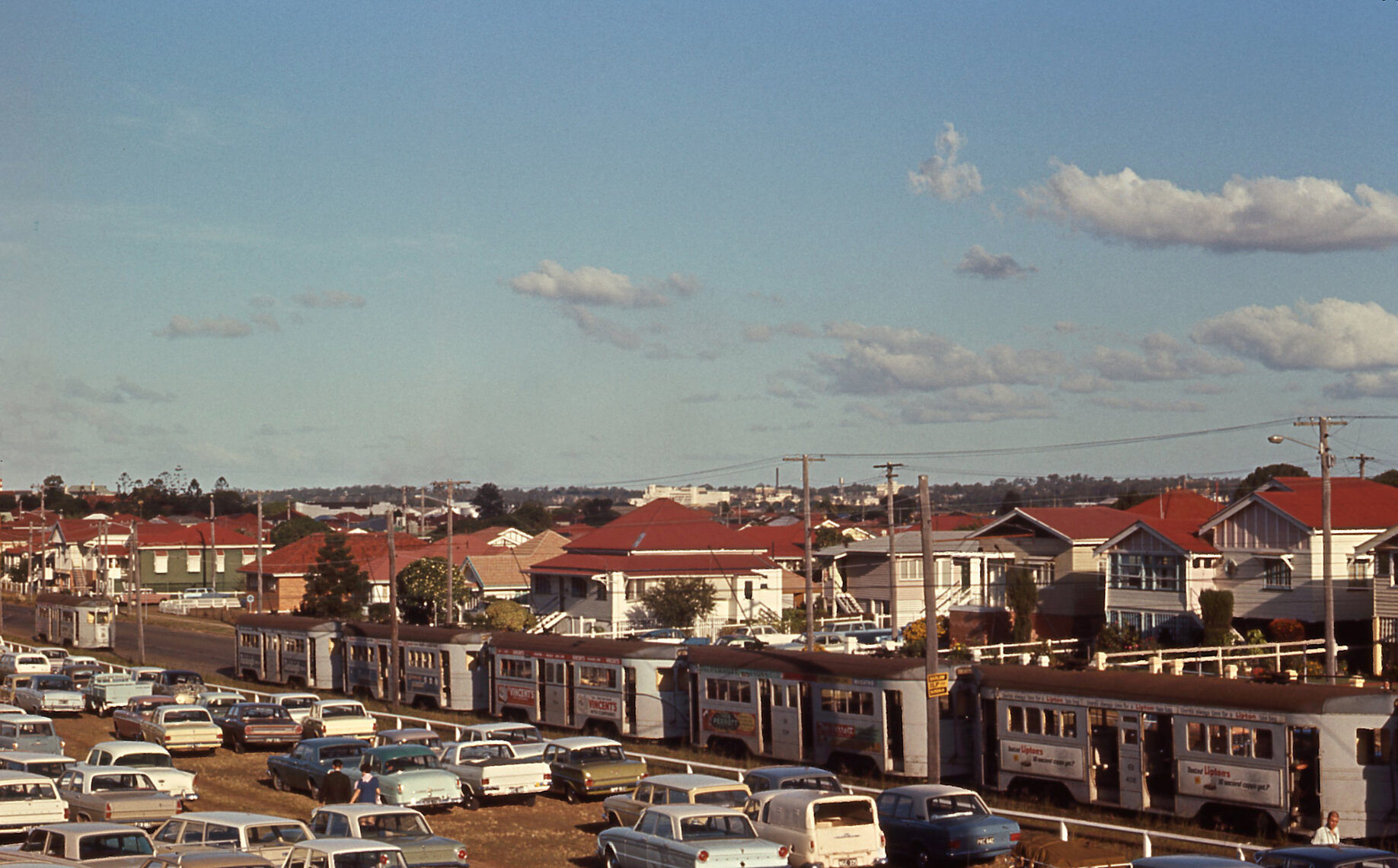 Fleet of trams parked at Lancaster Road terminus, Ascot, inlcufing No. 408, No. 534, No. 554 and No. 472 - 1969