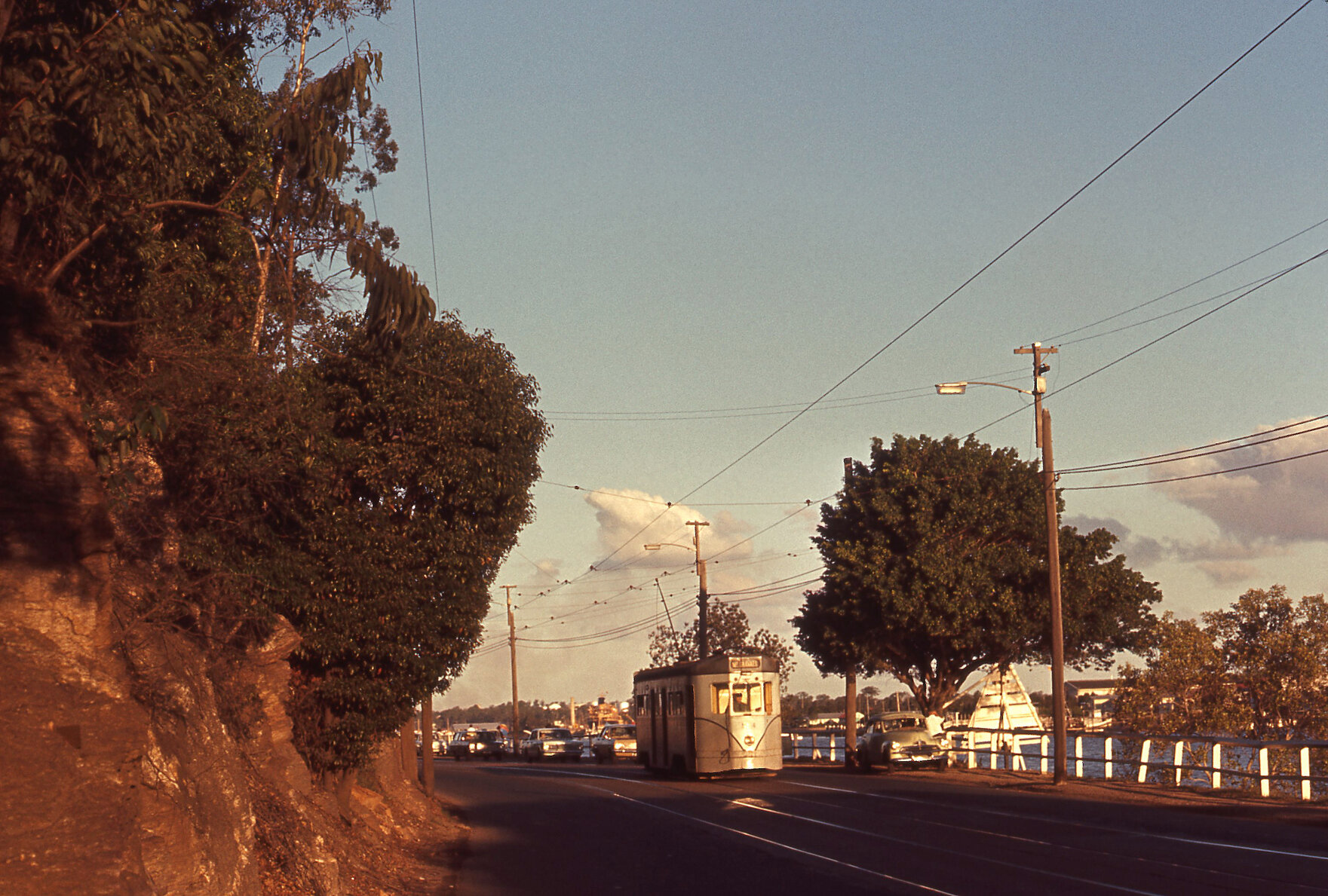Tram No. 554 at sunset on Kingsford Smith Drive, Hamilton - 1969