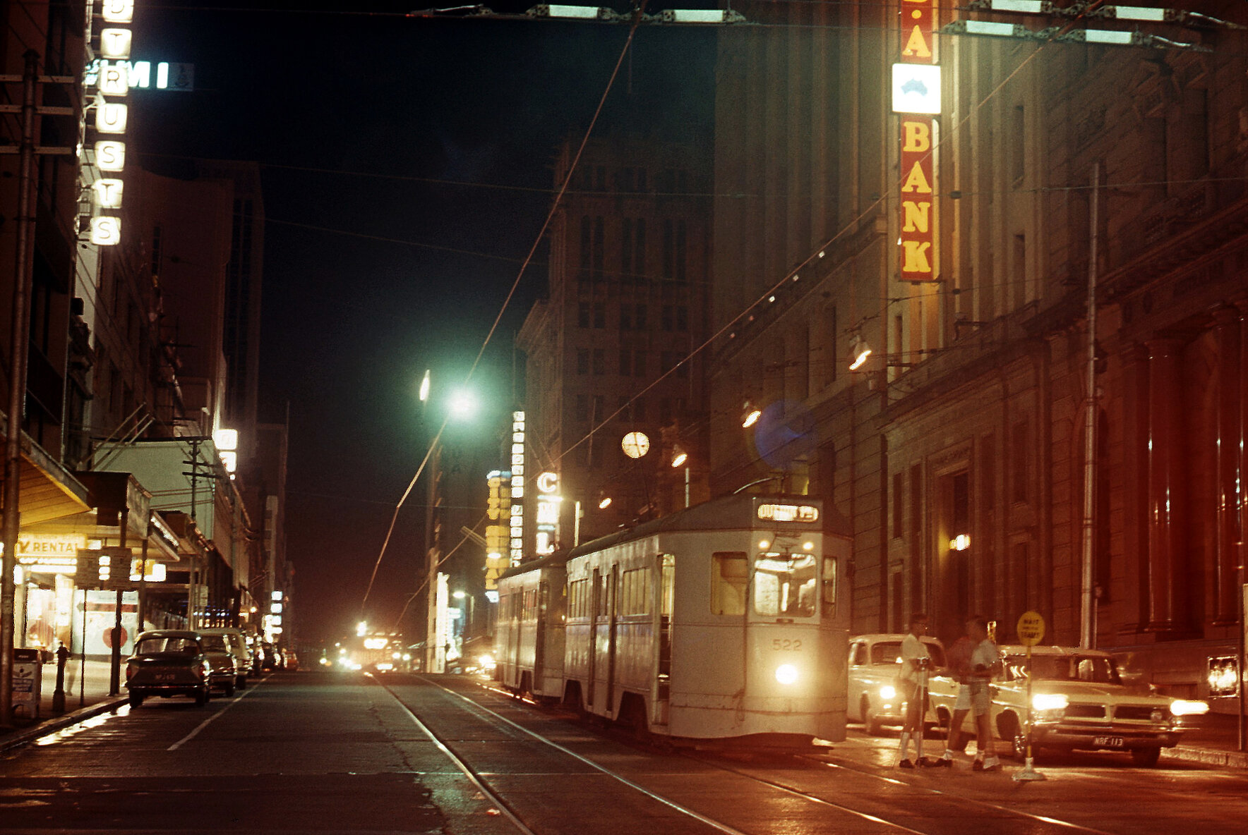Tram No. 522 near corner of Edward Street, on Queen Street at night - 1969