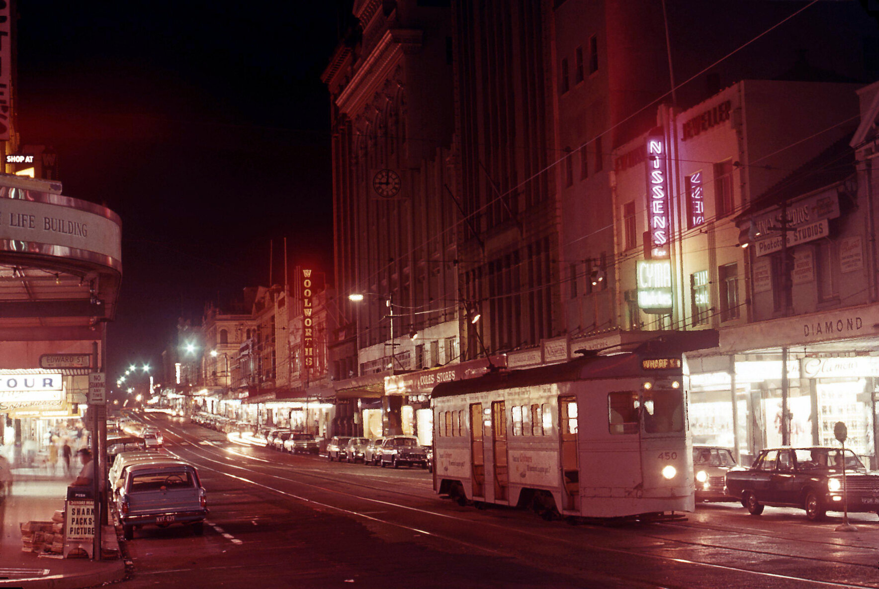 Tram No. 450 on Queen Street near Edward Street at night - 1969