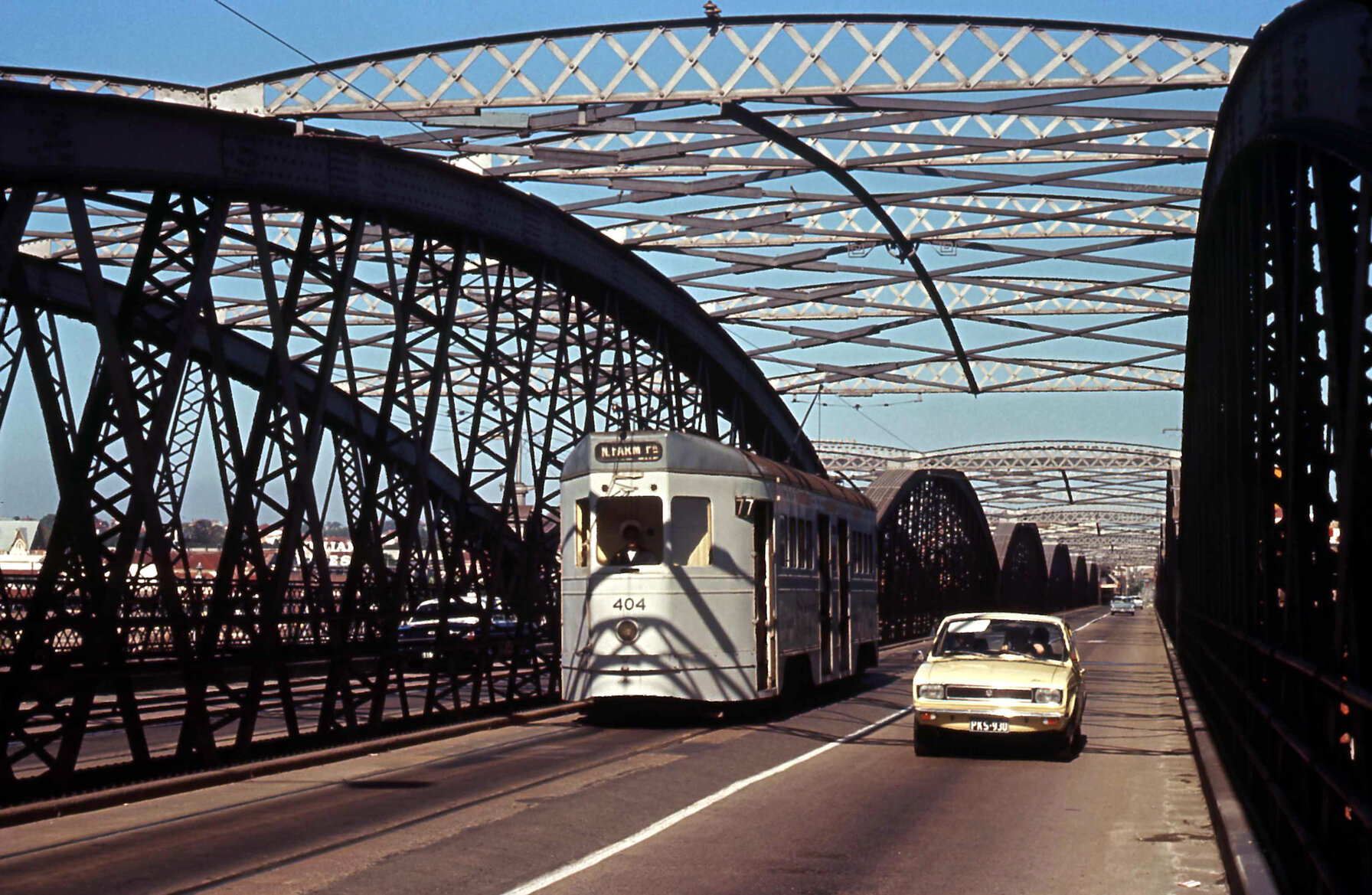 Tram No. 404 crossing Victoria Bridge - 1969