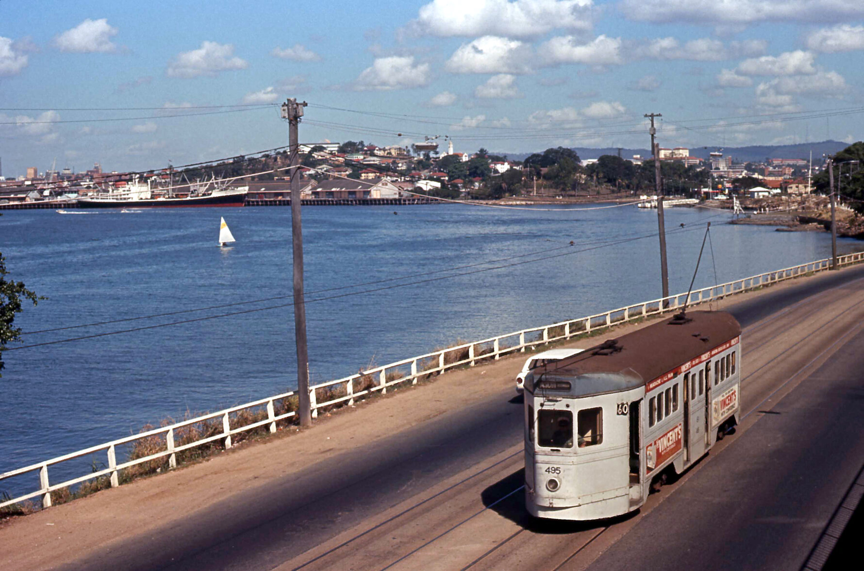 Tram No. 495 on Kingsford Smith Drive, Hamilton - 1969