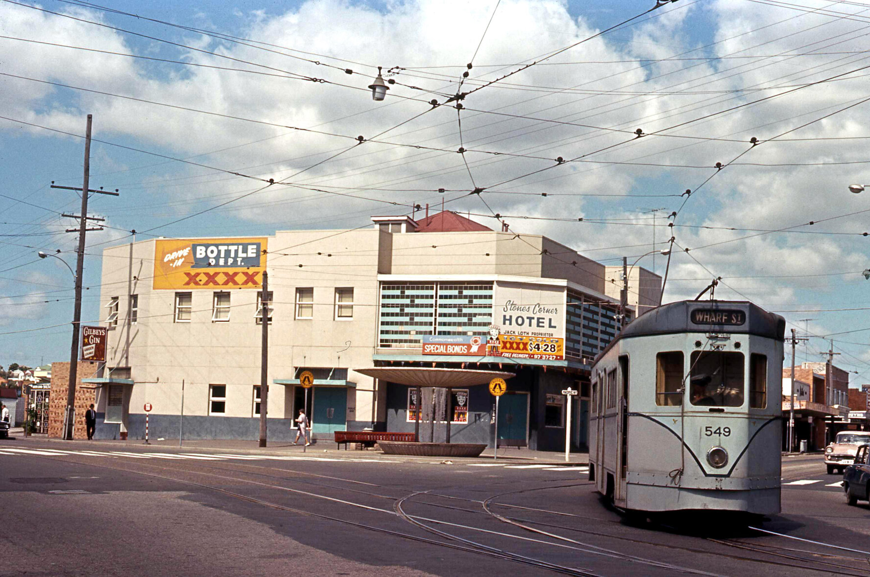 Tram No. 549 crossing Logan Road to O'Keefe Street, Stones Corner - 1969