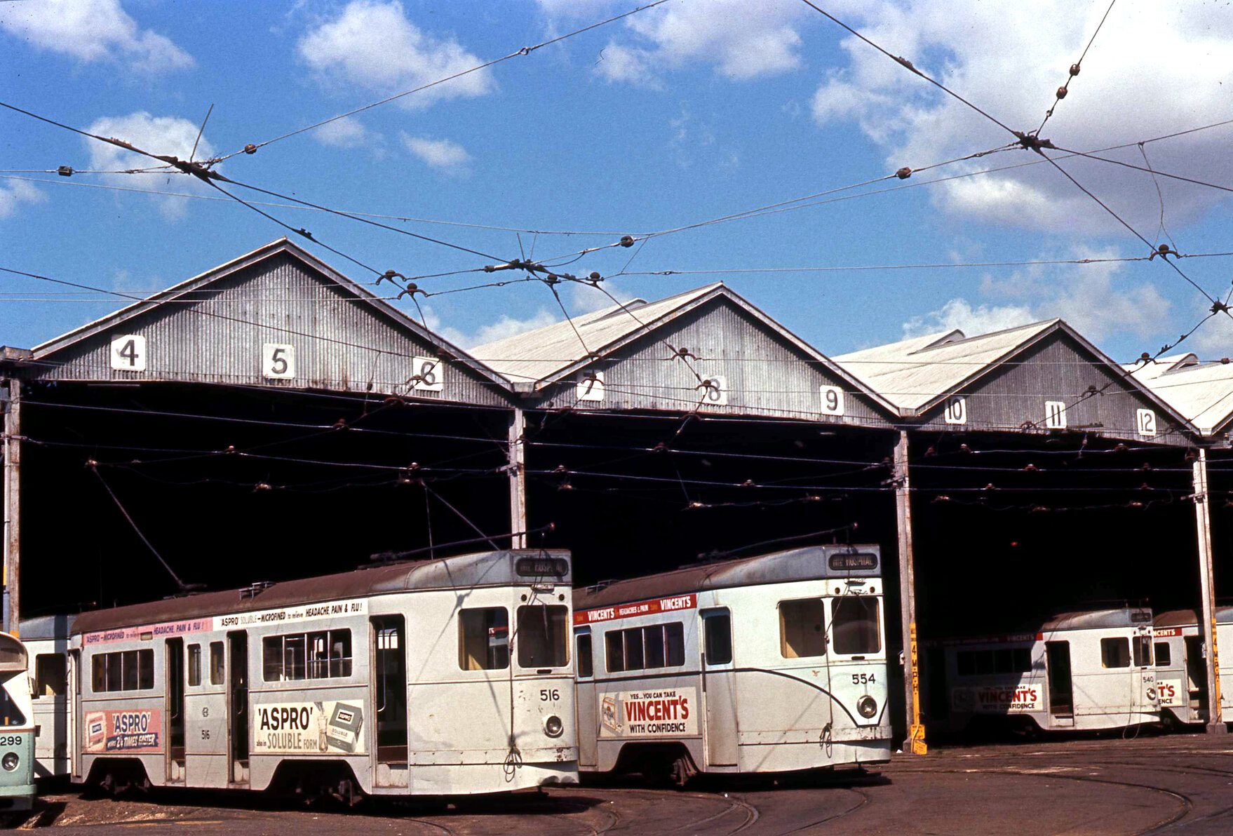 Trams No. 516, No. 554, No. 540 and No. 480 at Annerley depot - 1969