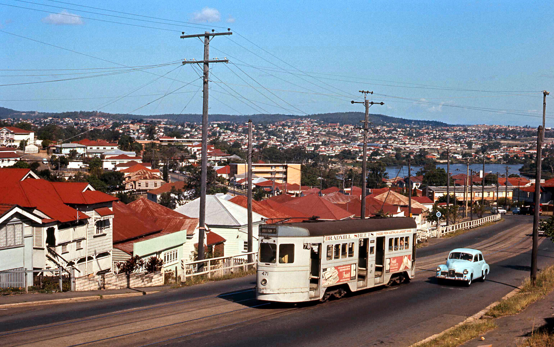Landscape shot of tram No. 471 on Gladstone Road, Highgate Hill -1969