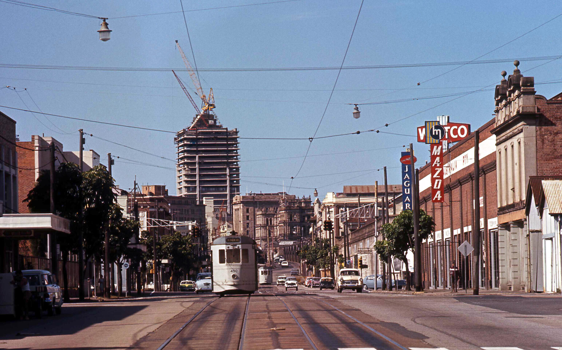Trams No. 450 and No. 404 on Melbourne Street, South Brisbane - 1969