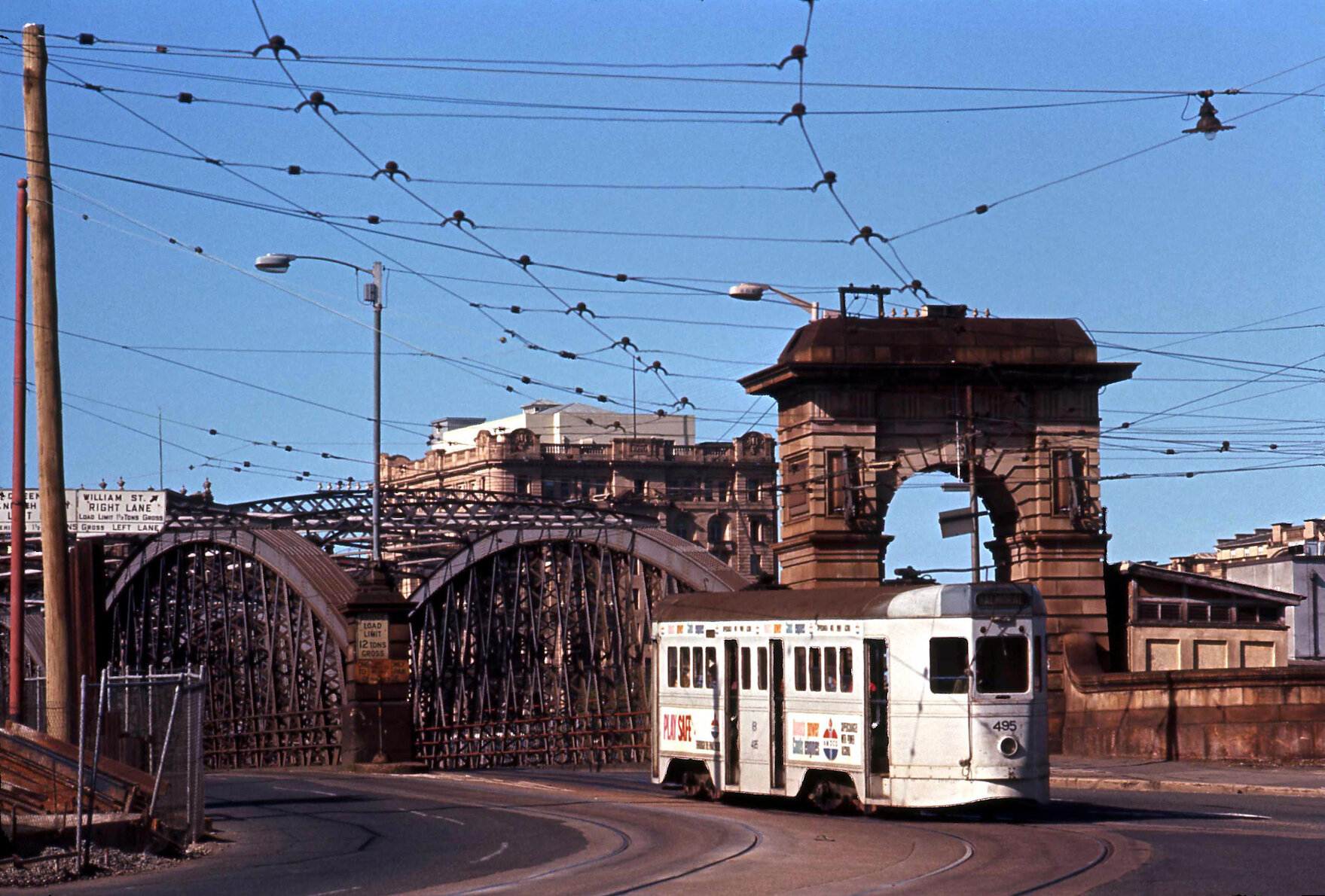 Tram No. 495 leaving victoria Bridge onto Stanley Street, South Brisbane - 1969