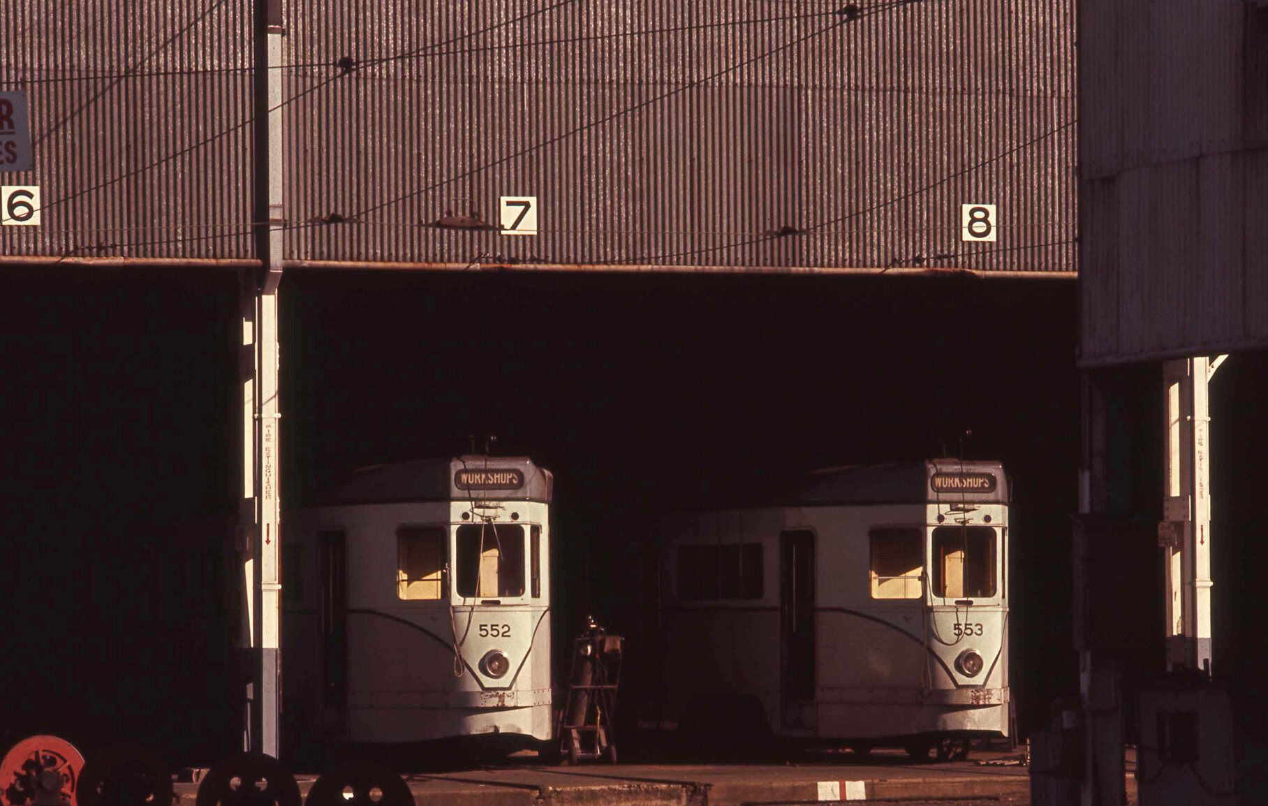 Trams No. 552 and No. 553 at Milton workshop - 1969