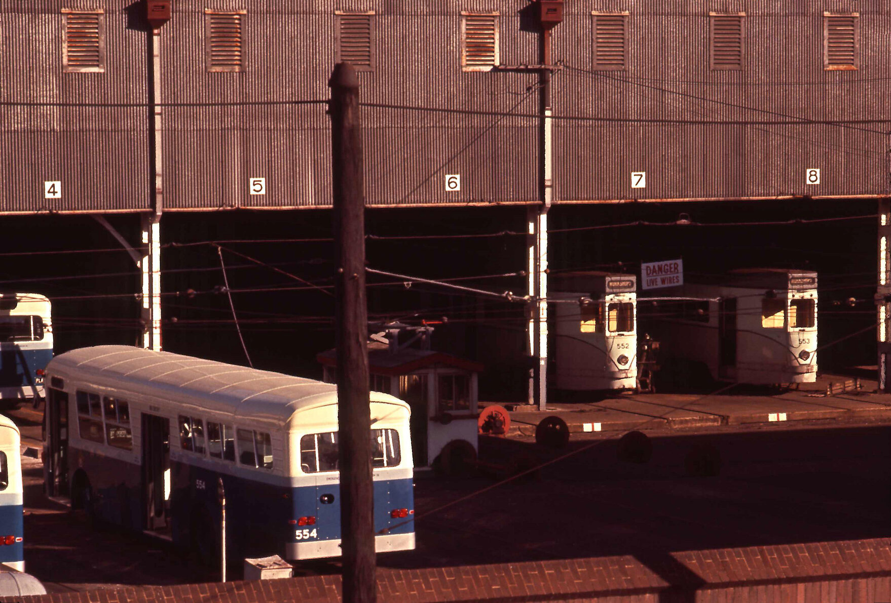 Trams. No. 552, No. 553, and Leyland Panther bus at Milton depot - 1969