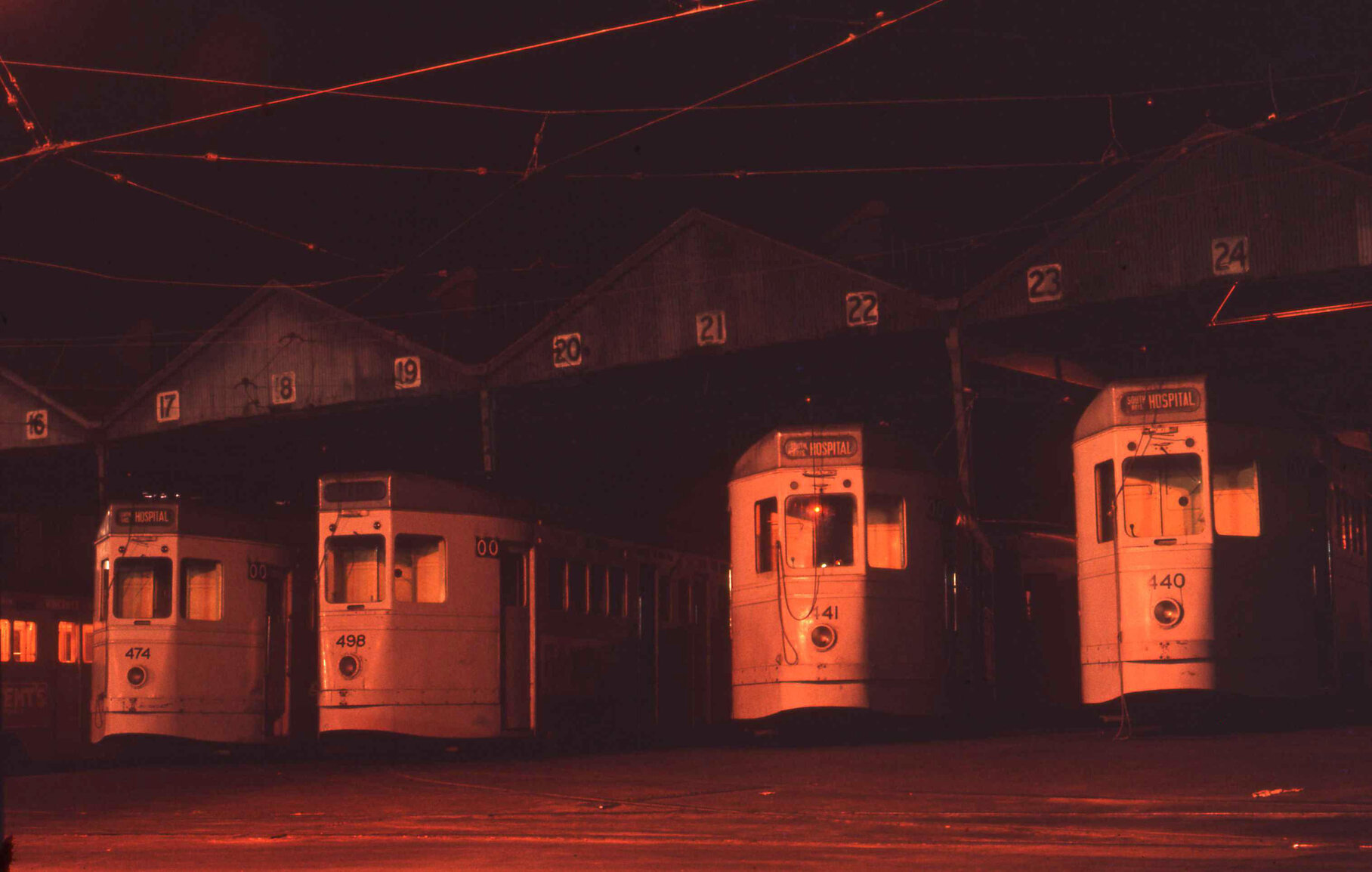 Trams No. 474, No. 498, No. 441, and No. 440 at Annerley depot - 1969