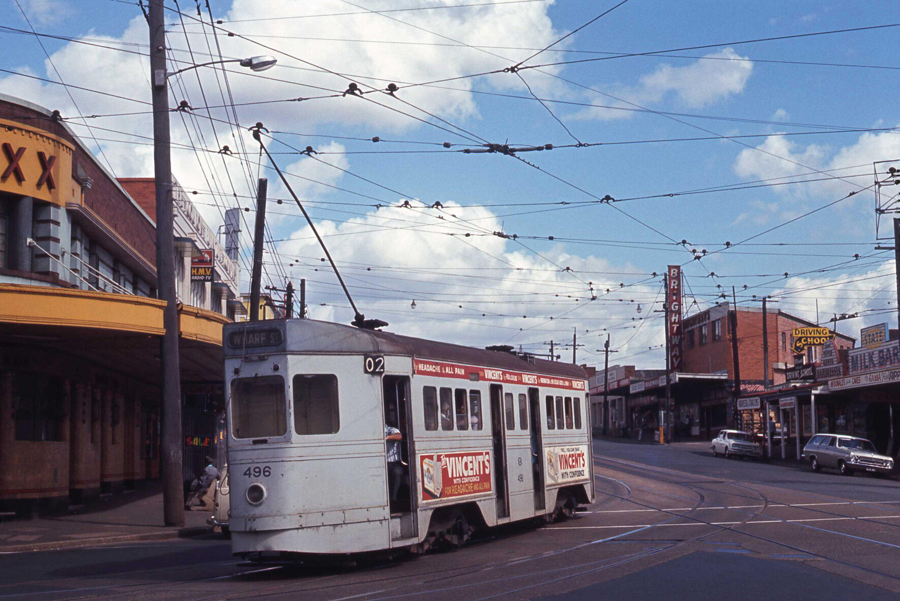 Tram No. 496 on Logan Road turning into Stanley Street - 1969