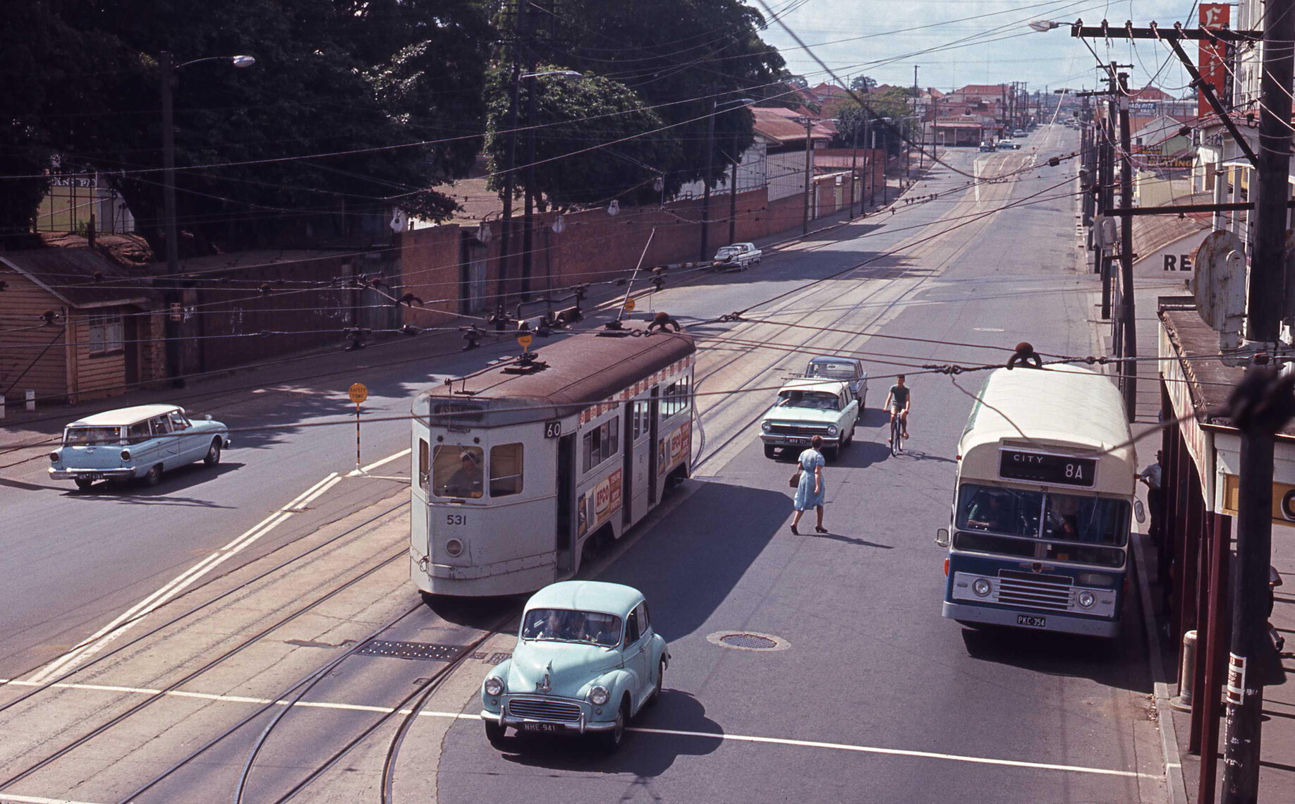 Tram No. 531 and Leyland Panther bus No. 511 on Stanley Street, Woolloongabba