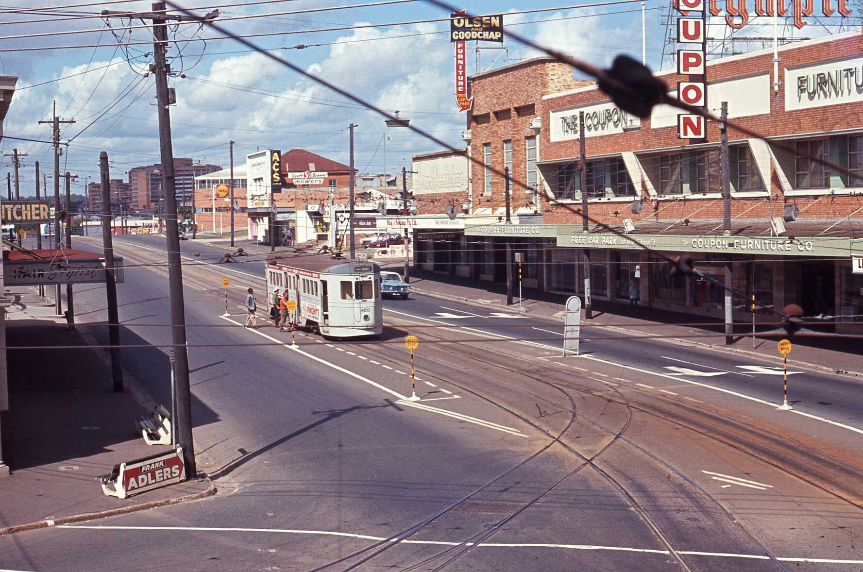 Tram No. 480 at stop on Ipswich Road, Woolloongabba - 1969