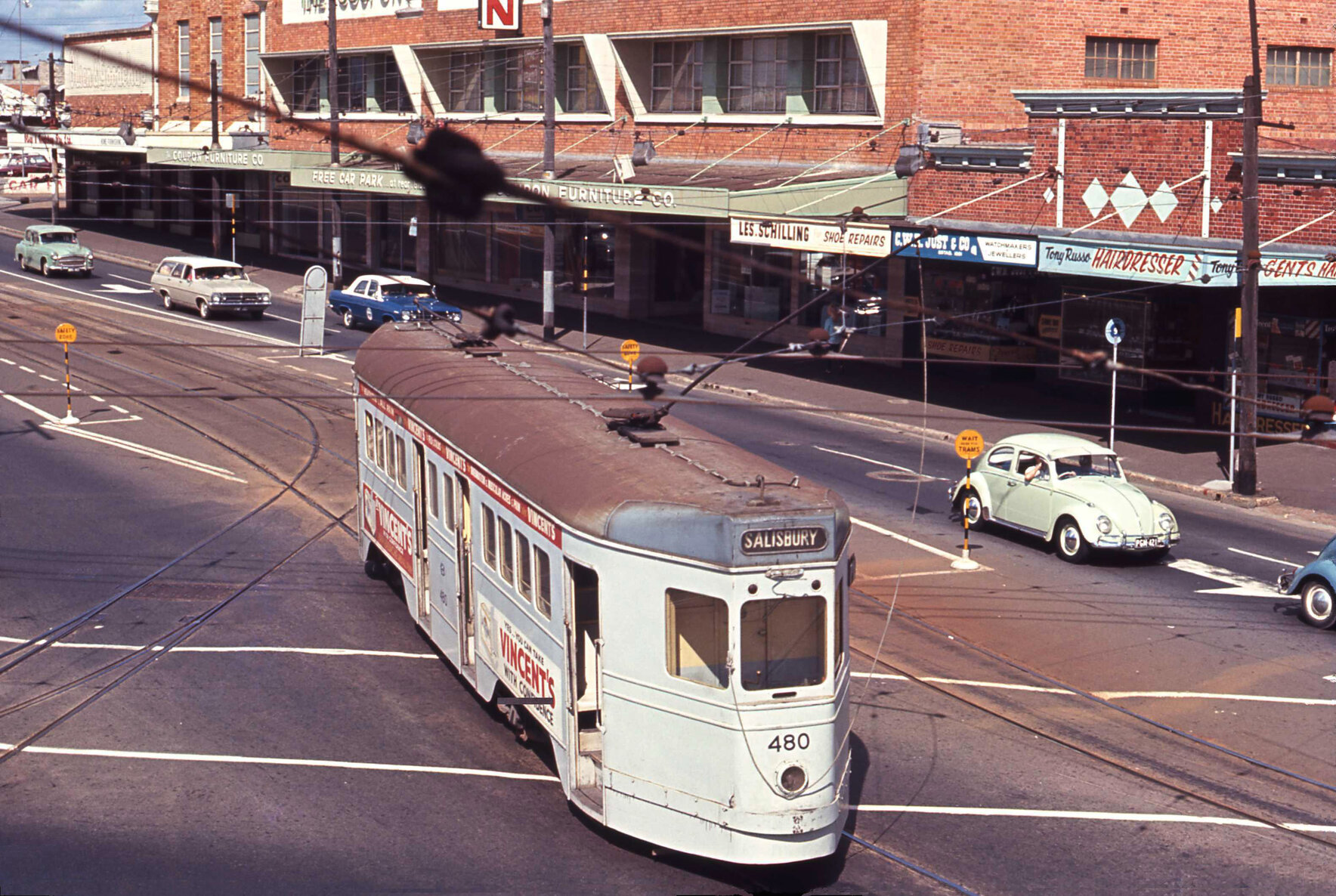 Tram No. 580 turning onto Ipswich Road from Stanley Street, Woolloongabba - 1969