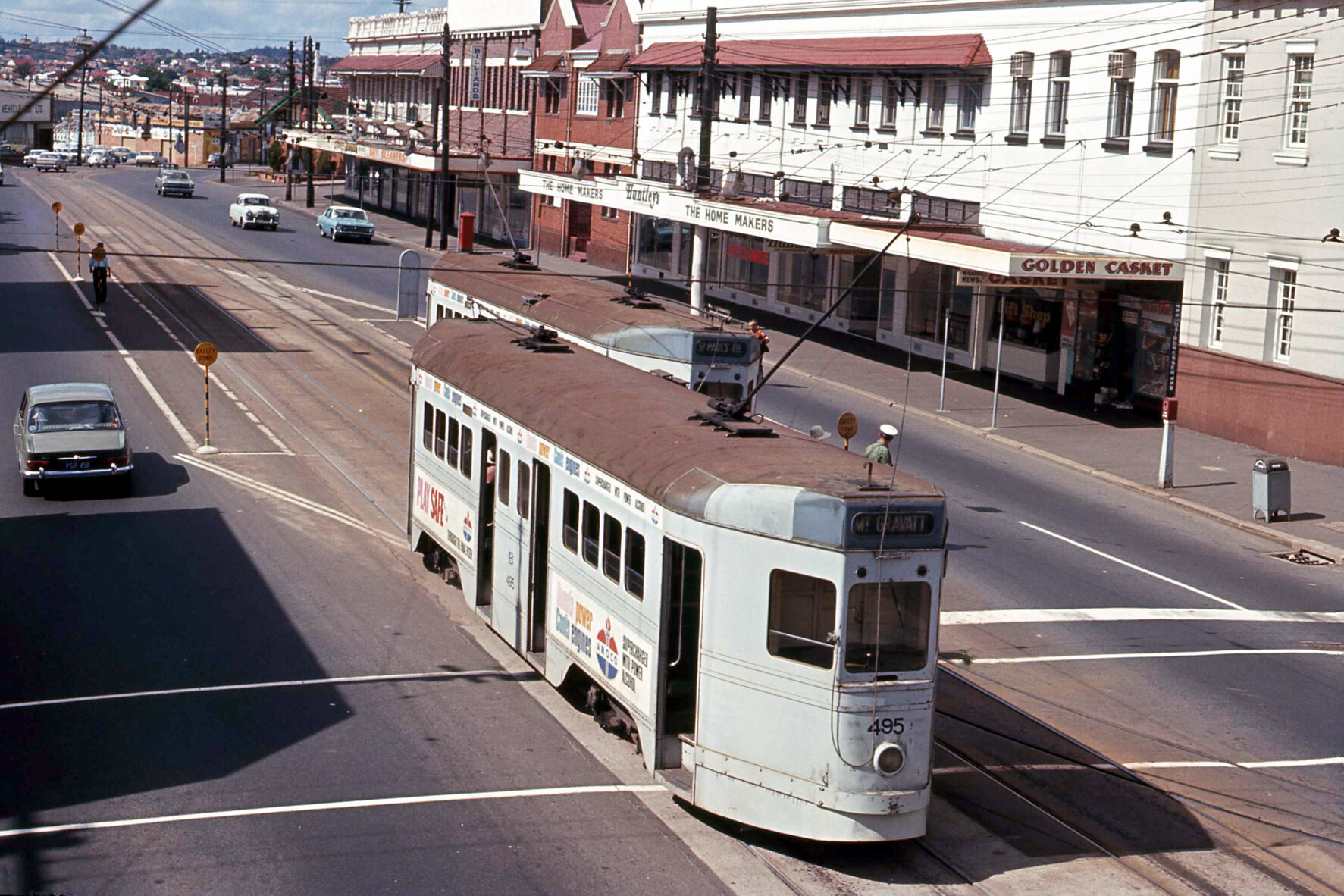 Trams No. 495 and No. 499 on Logan Road, Woolloongabba - 1969