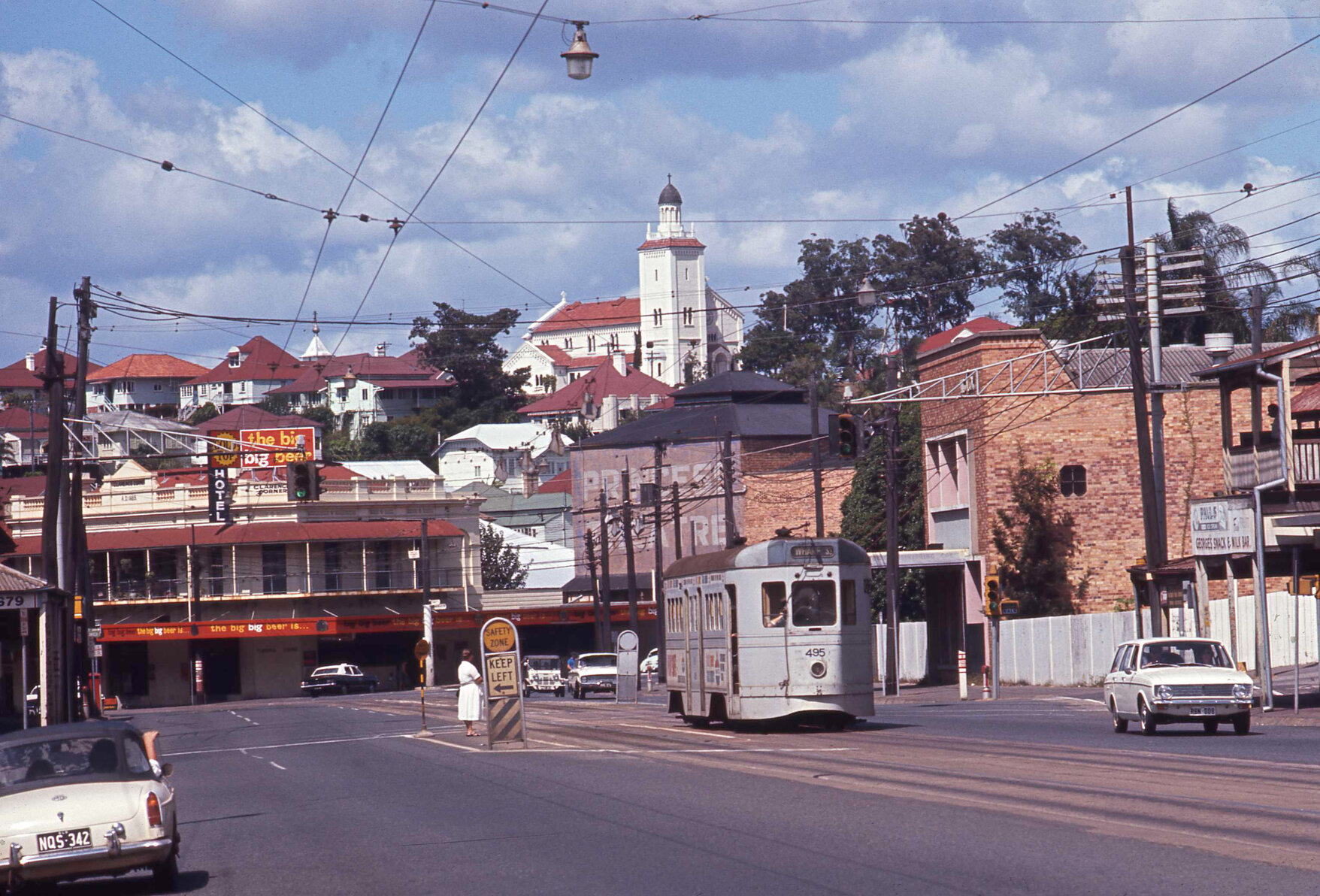 Tram No. 495 outside the Clarence Corner Hotel, Stanley Street, Woolloongabba - 1968