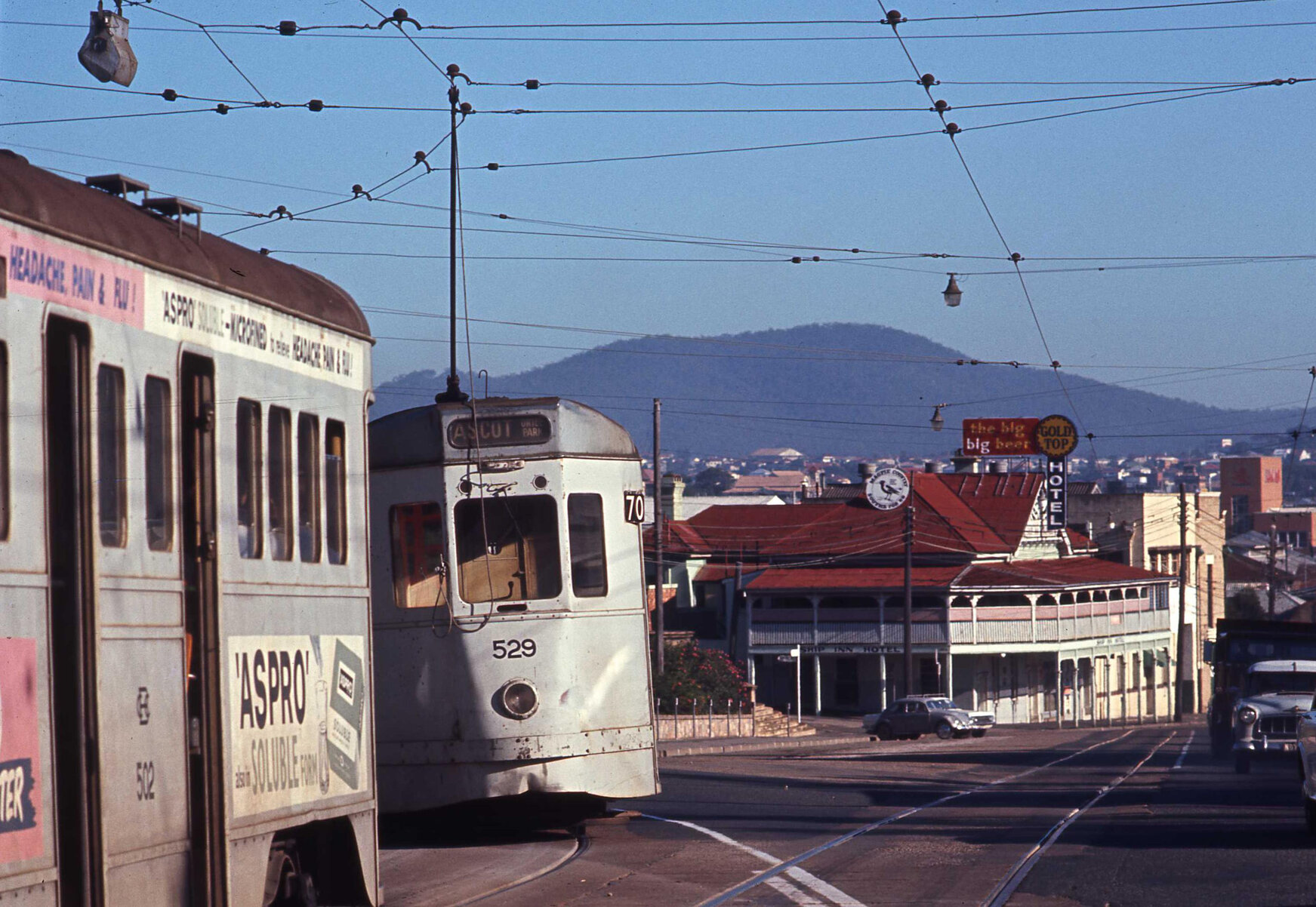 Tram No. 529 at junction of Stanley Street and Vulture Street, South Brisbane - 1969
