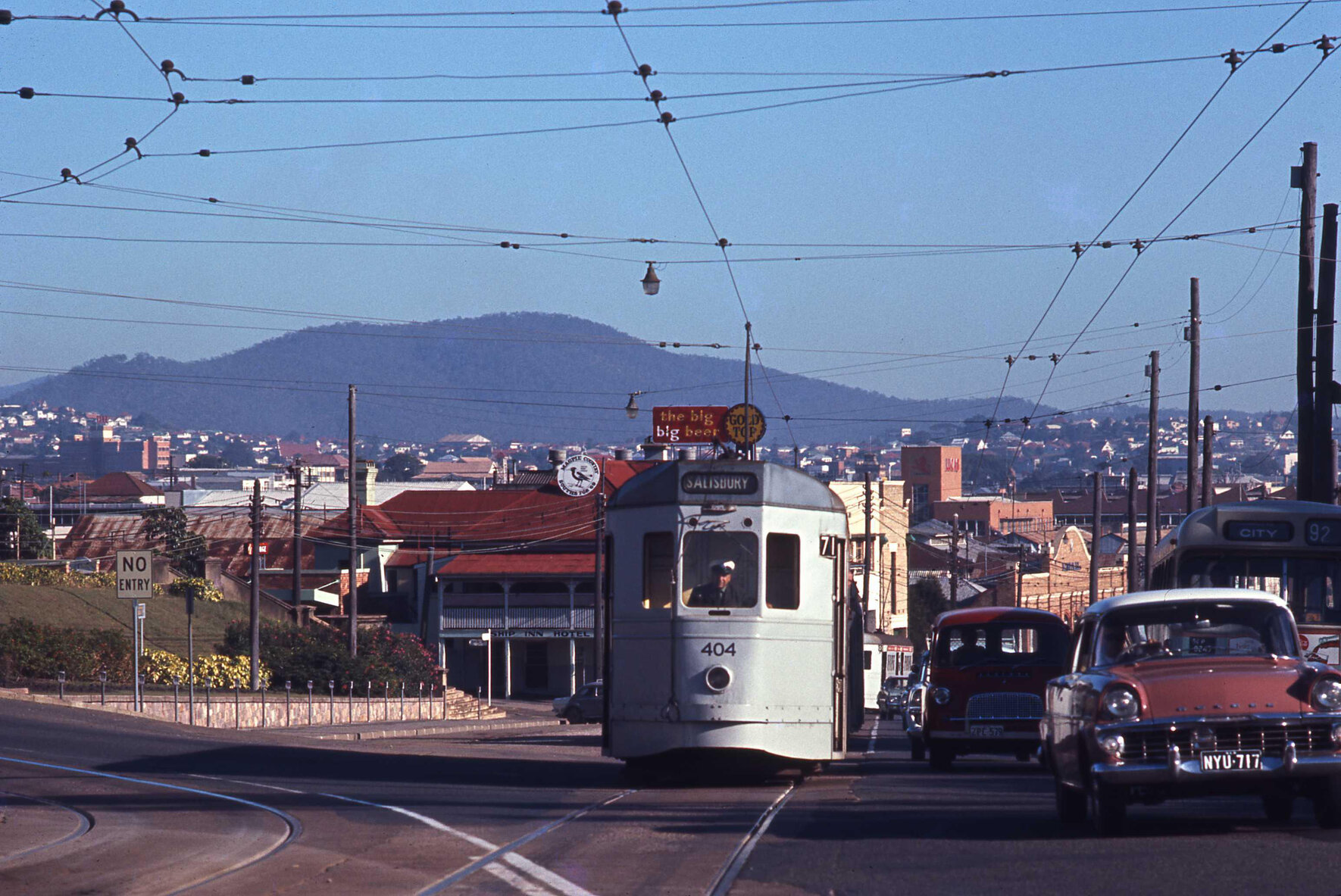 Tram No. 404 at junction of Stanley Street and Vulture Street, South Brisbane - 1969