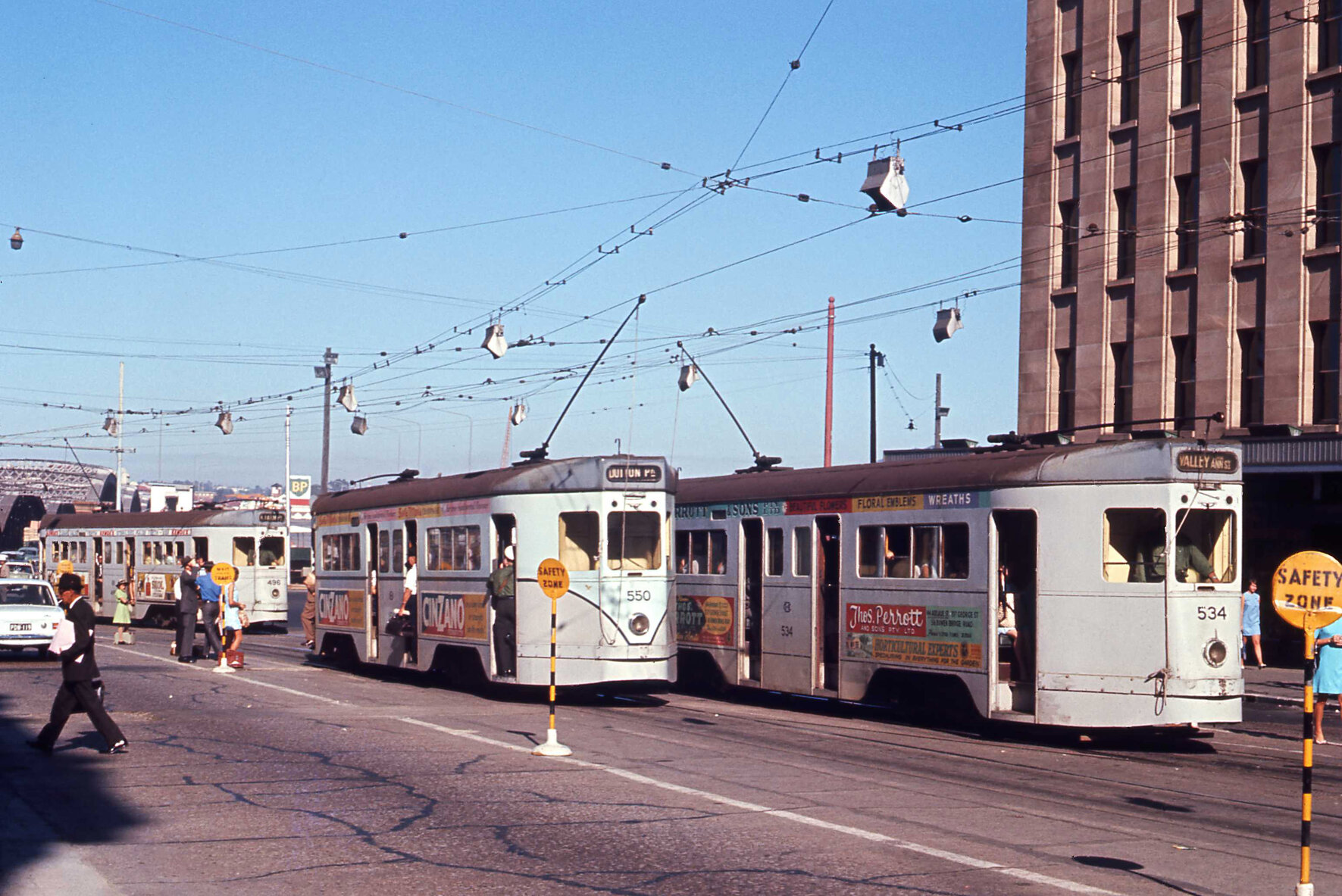 Trams No. 464 and No. 543 at corner of Stanley Street and Vulture Street, South Brisbane - 1969