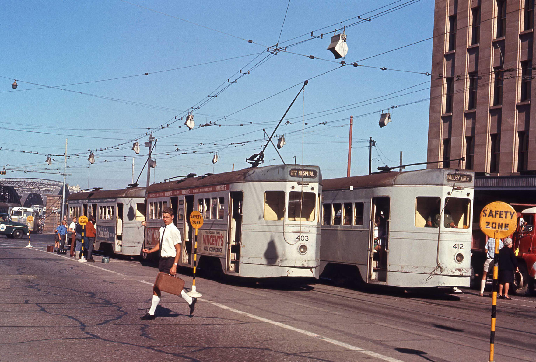 Trams No. 452 and No. 444 on Queen Street, North Quay, Birsbane City - 1969
