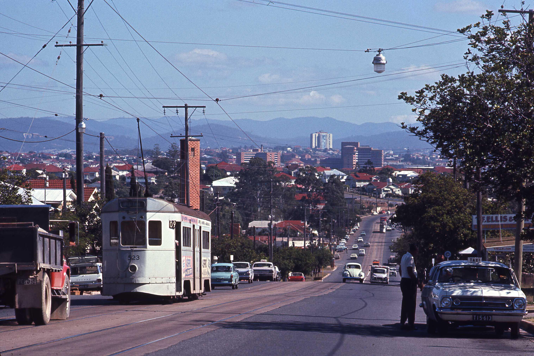 Tram No. 523 on Logan Road, near corner of Crump Street, Holland Park - 1969