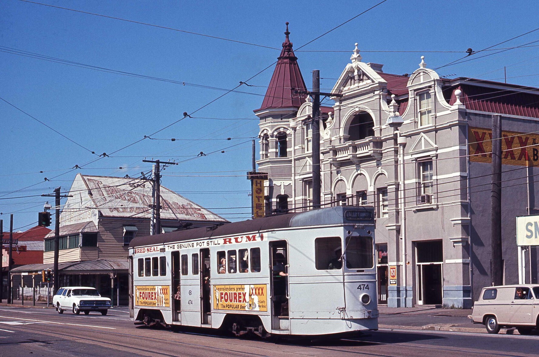 Tram No. 474 outside Broadway Hotel, Logan Road, Woolloongabba - 1969