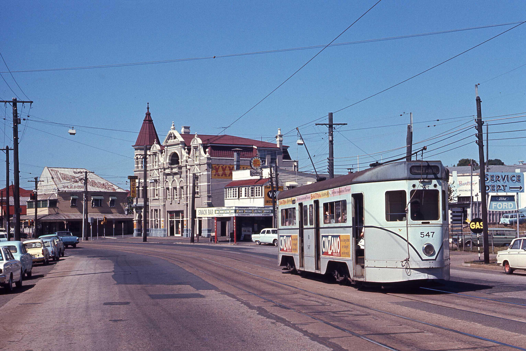 Tram No. 547 outside Broadway Hotel, Logan Road, Woolloongabba - 1969