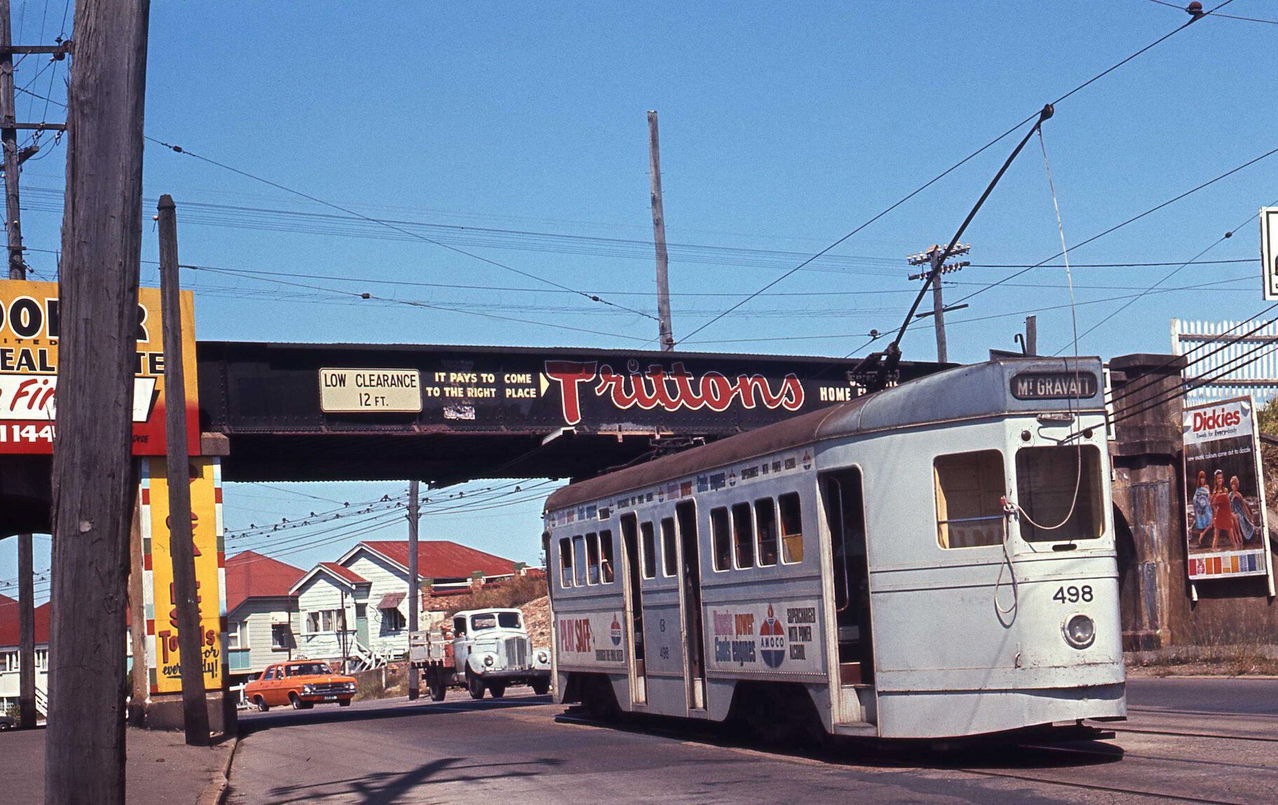 Tram No. 498 on Logan Road near Buranda Station, Woolloongabba - 1969