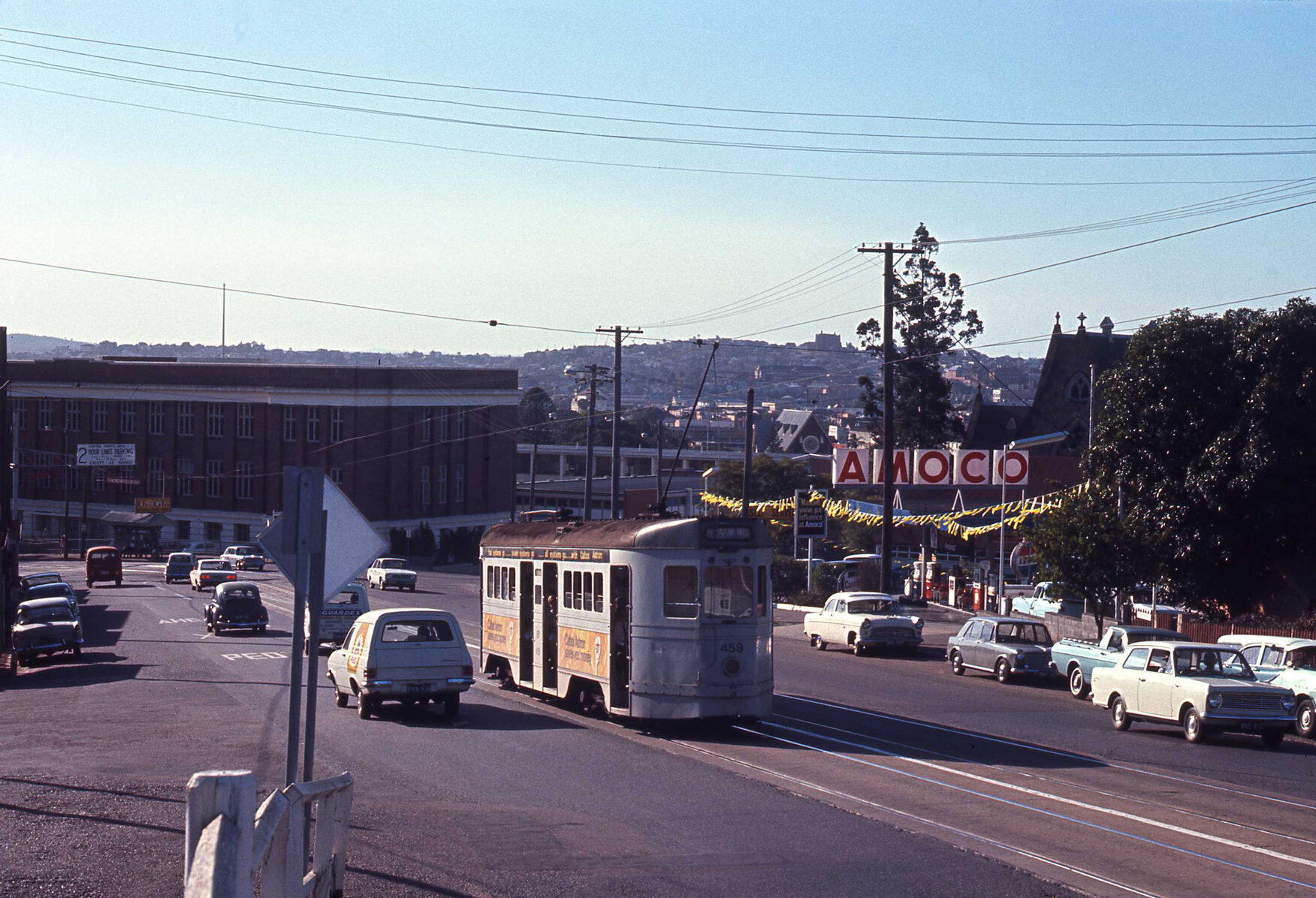 Tram No. 459 on Gladstone Road near corner of Vulture Street, Highgate Hill - 1969