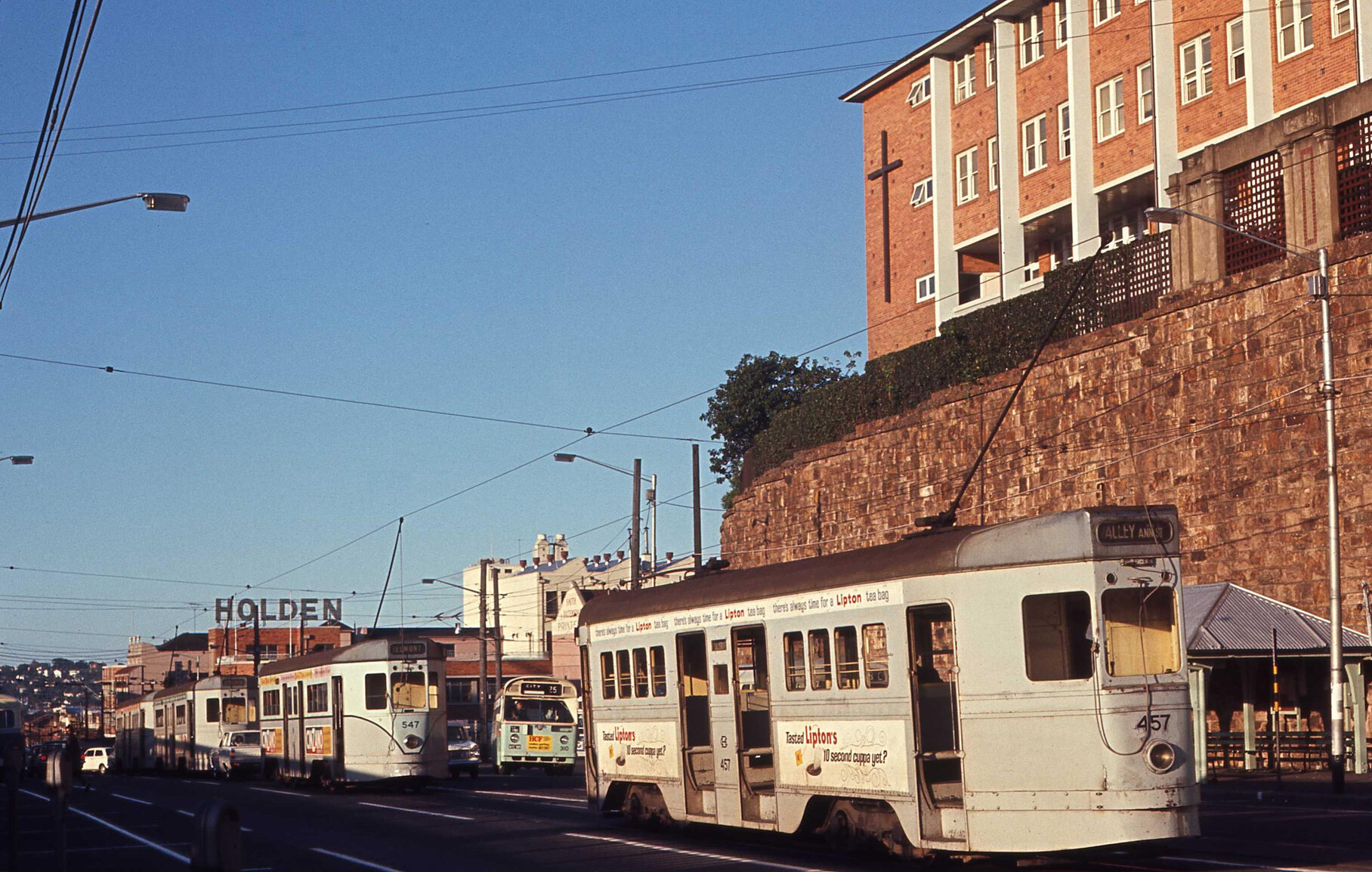 Trams No. 547 and No. 457 on Ann Street near Kemp Place, Fortitude Valley - 1969
