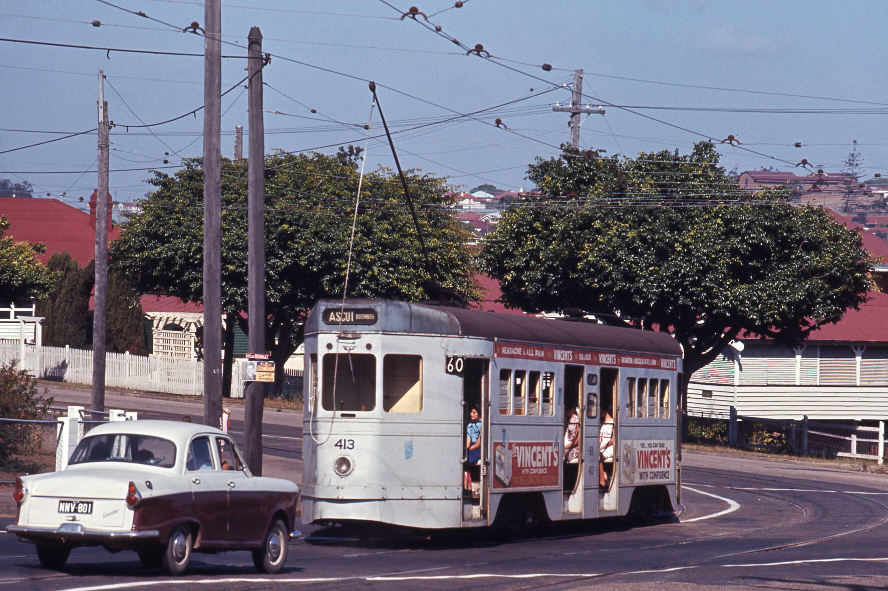Tram No. 413 on Vulture Street turning into Lisburn Street, South Brisbane - 1969