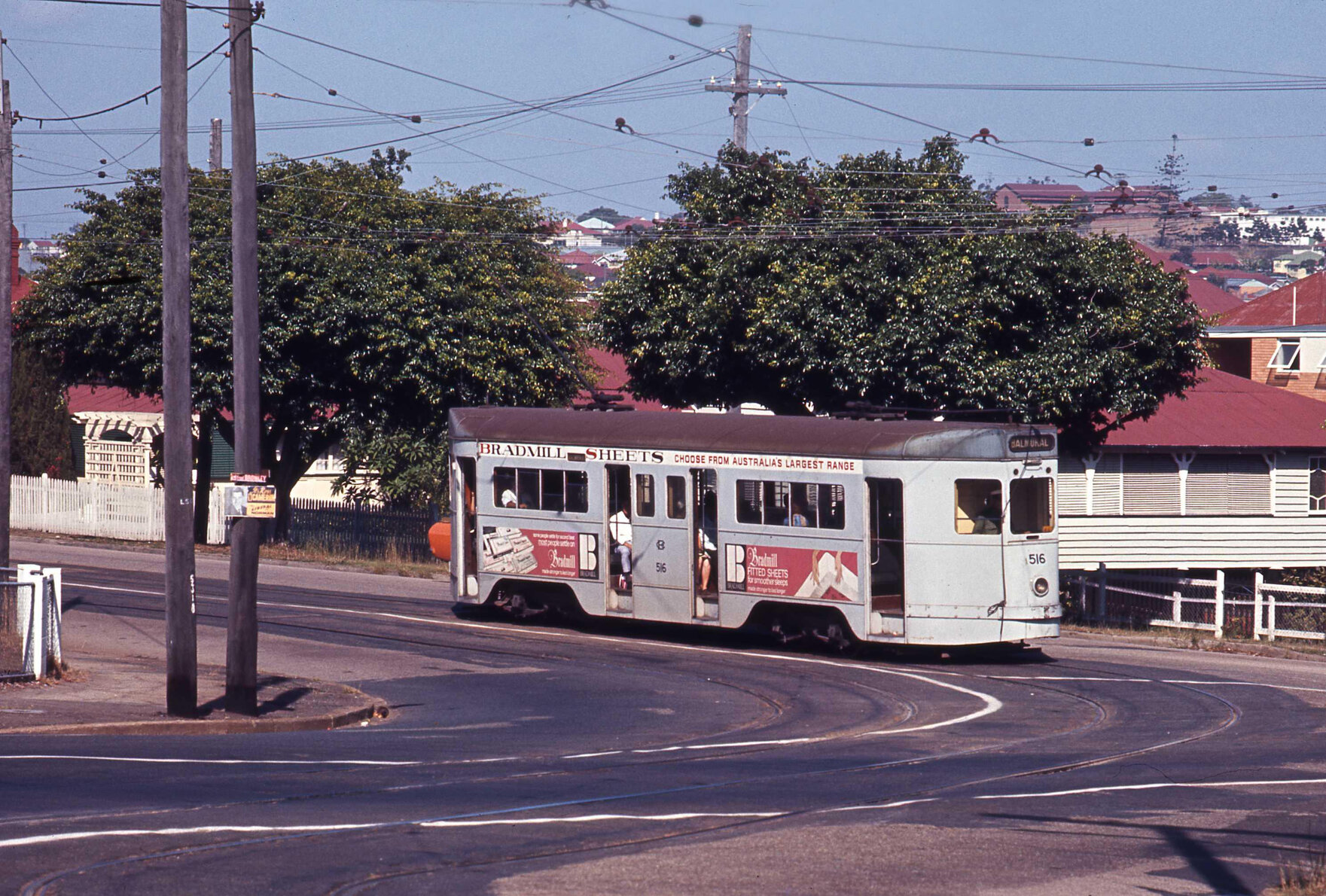 Tram No. 516 on Vulture Street turning into Lisburn Street, South Brisbane - 1969