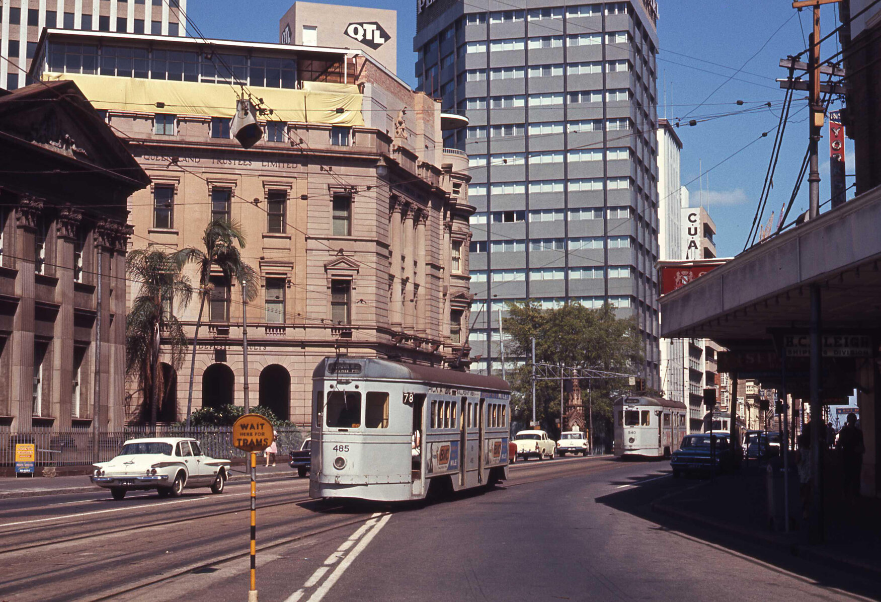 Tram No. 485 outside Customs House, Queen Street - 1969