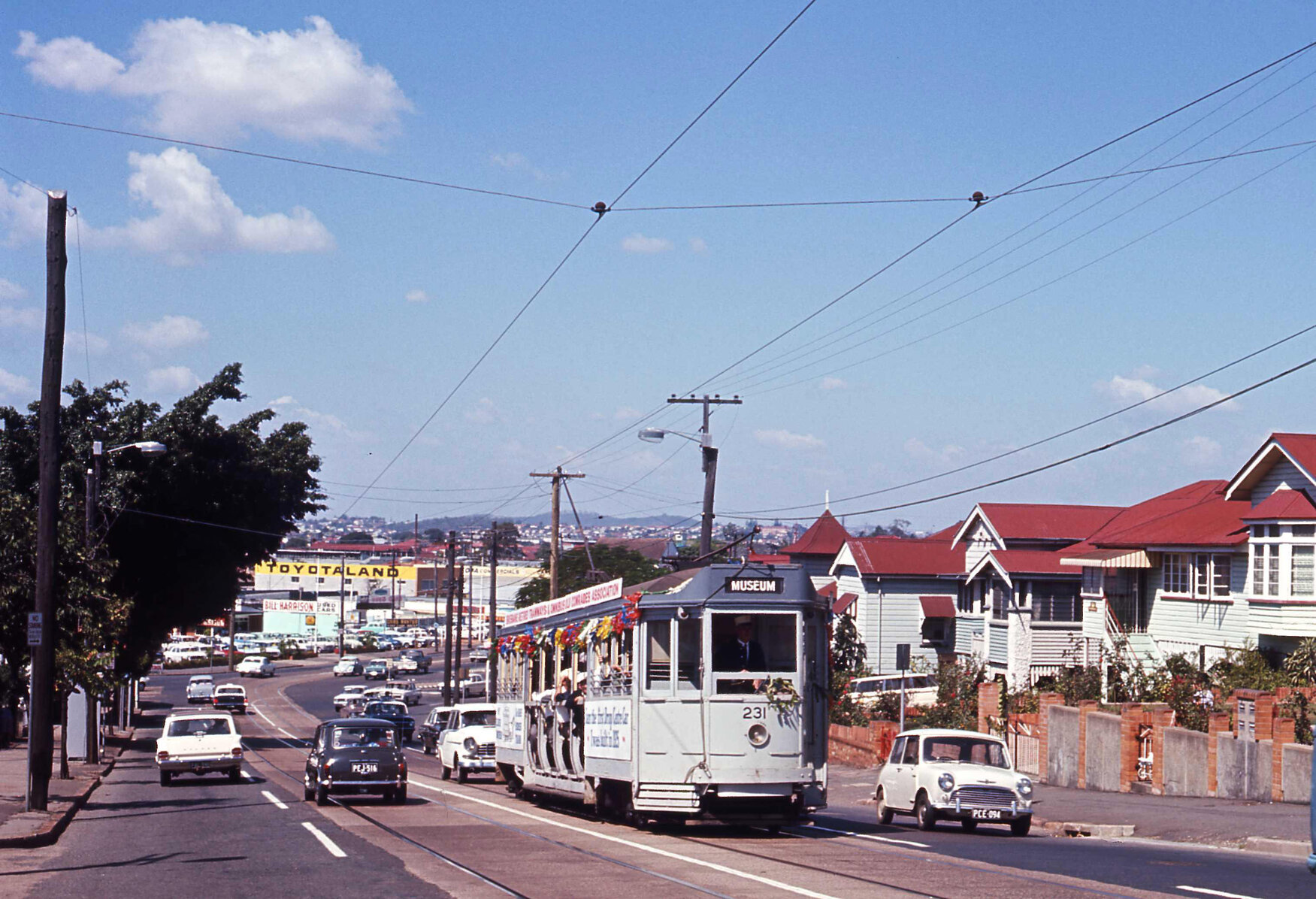 Tram No. 231 festooned in ribbons on Sandgate Road, Albion - 1969