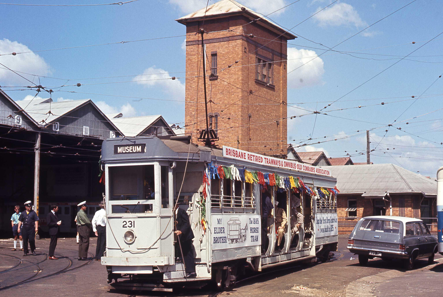 Tram No. 231 festooned in ribbons, at Annerley depot, 1969