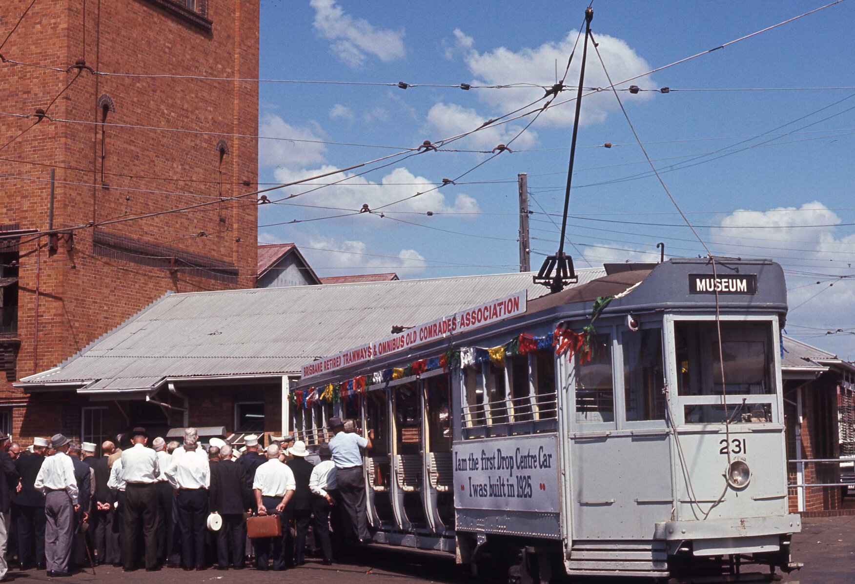 Tram No. 231 at Annerley depot with retired tramways staff gathered - 1969