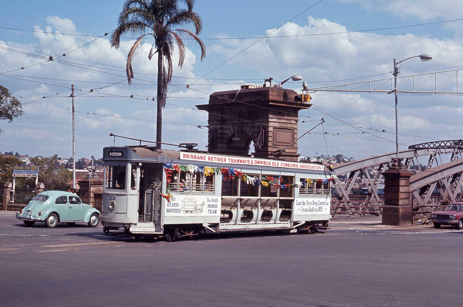 Tram No. 231 festooned in ribbons, near Victoria Bridge, Queen Street, 1969
