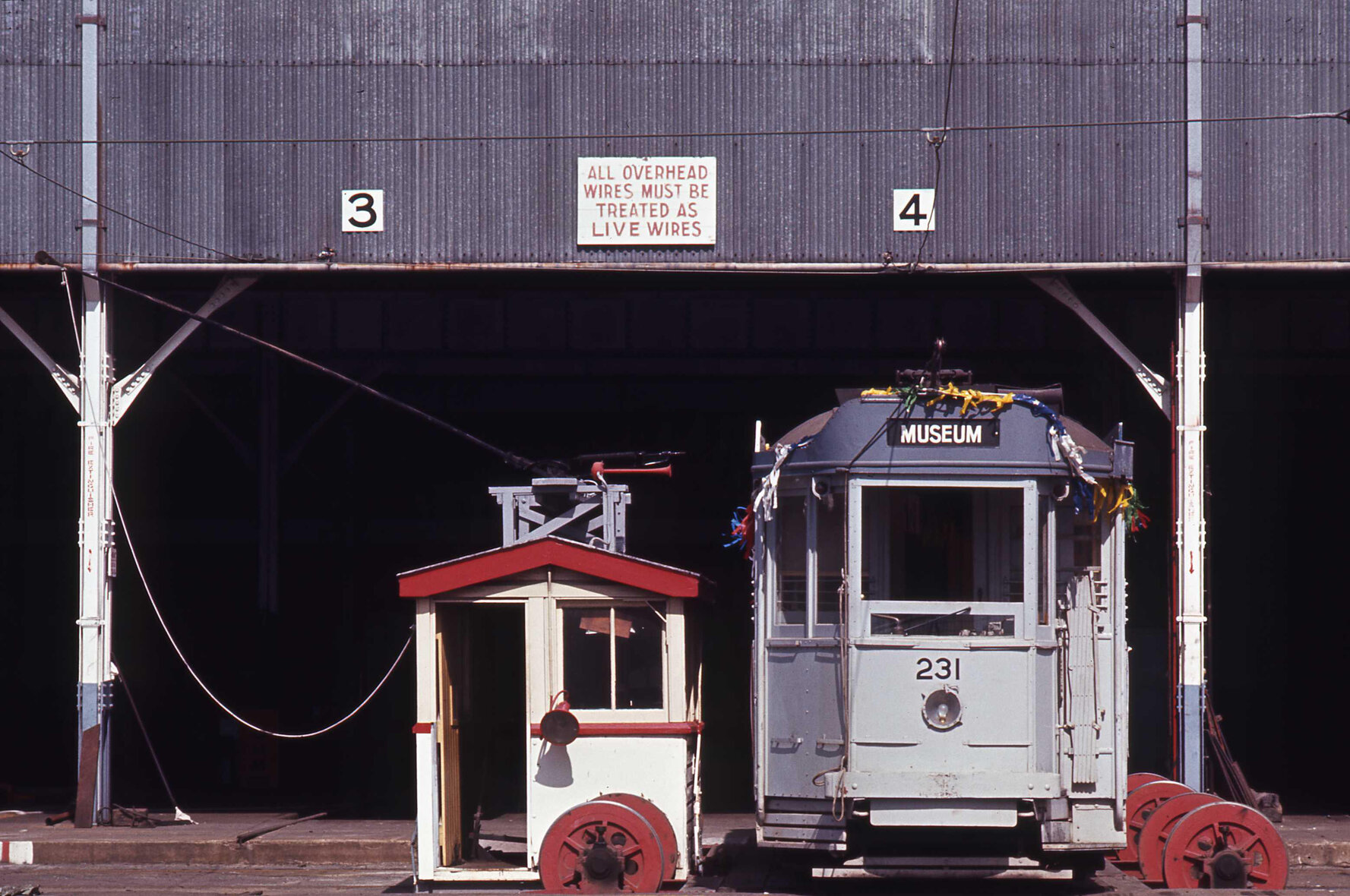 Tram No. 231 with ribbons on traverser at Milton workshop - 1969