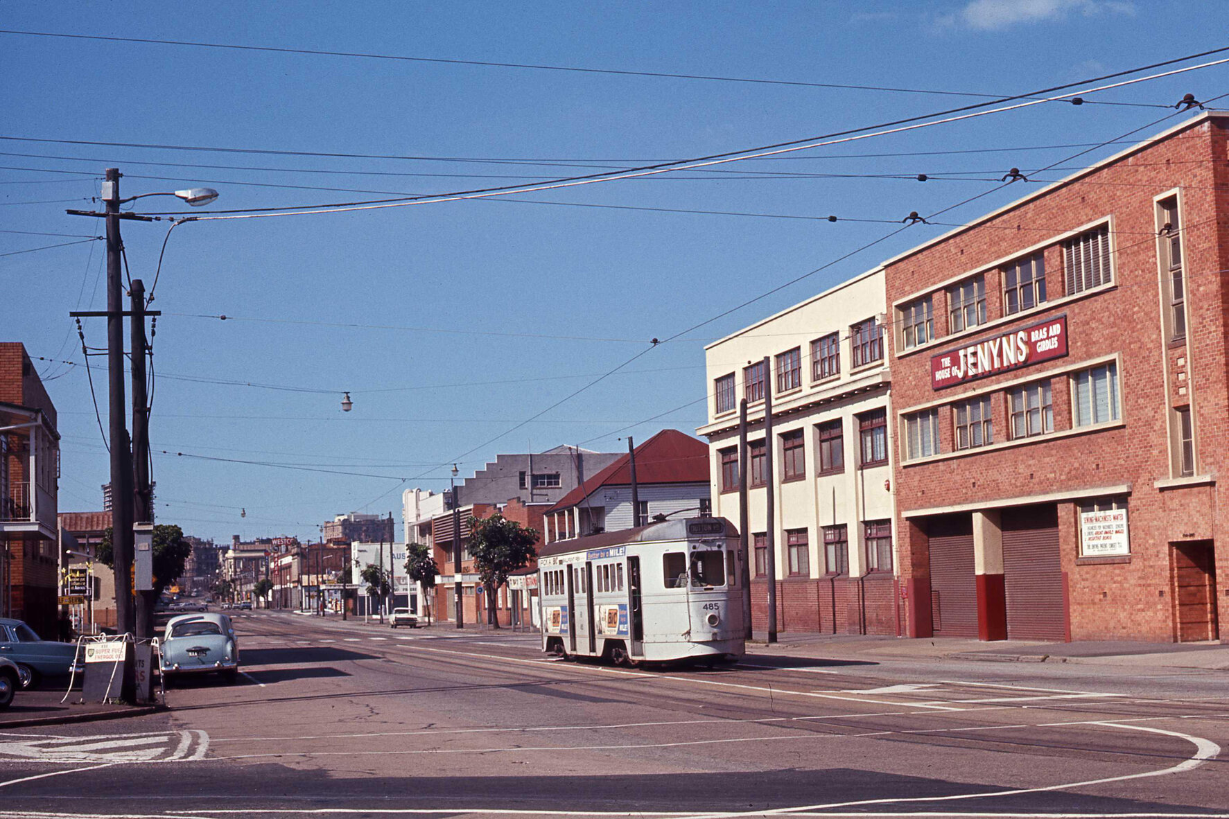 Tram No. 485 on Melbourne Street, near Browning Street, South Brisbane - 1969