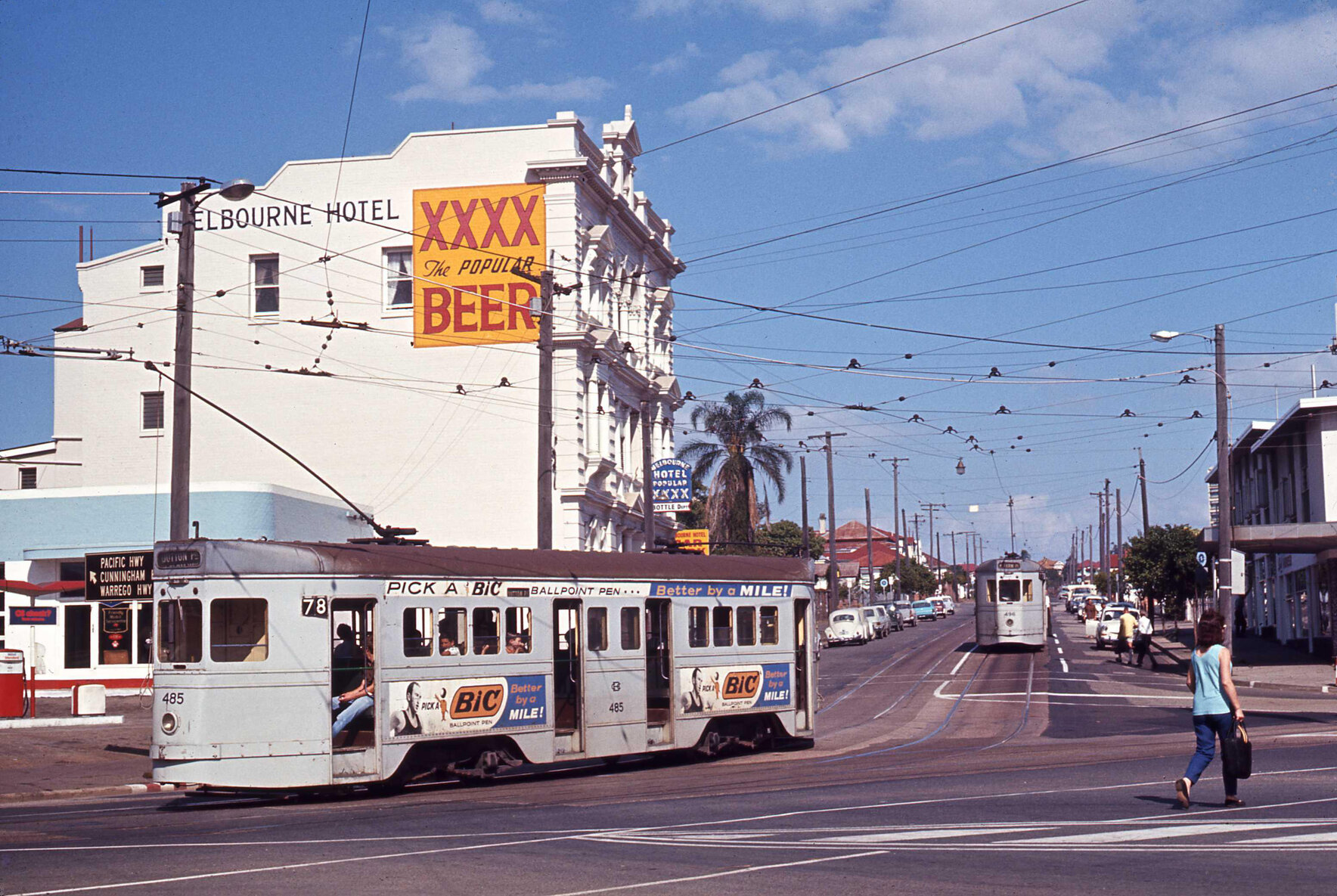 Trams No. 485 and No. 496 on Melbourne Street and Browning Street outside the Melbourne Hotel, South Brisbane - 1969