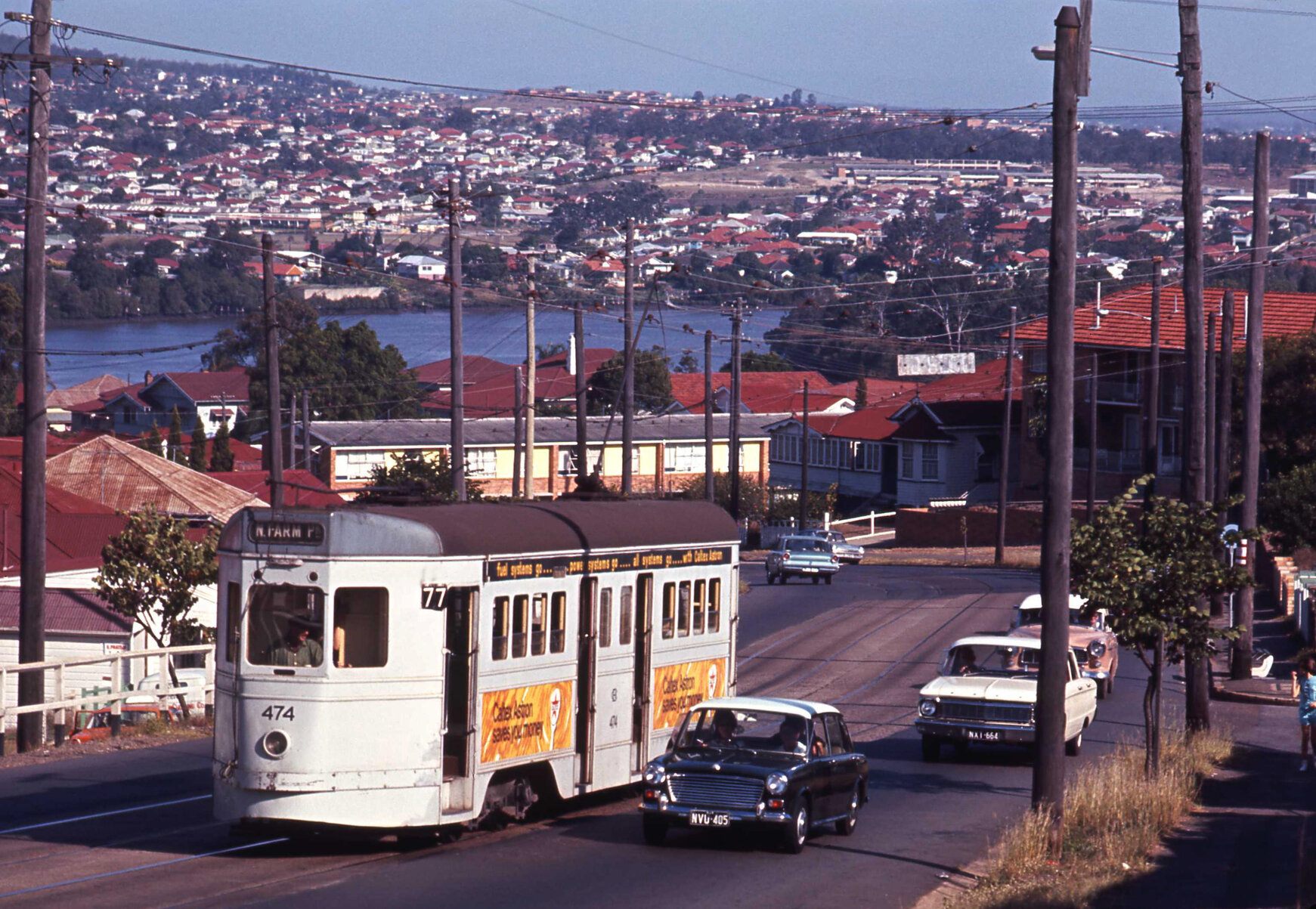 Tram No. 474 on Gladstone Road overlooking river, Highgate Hill - 1969