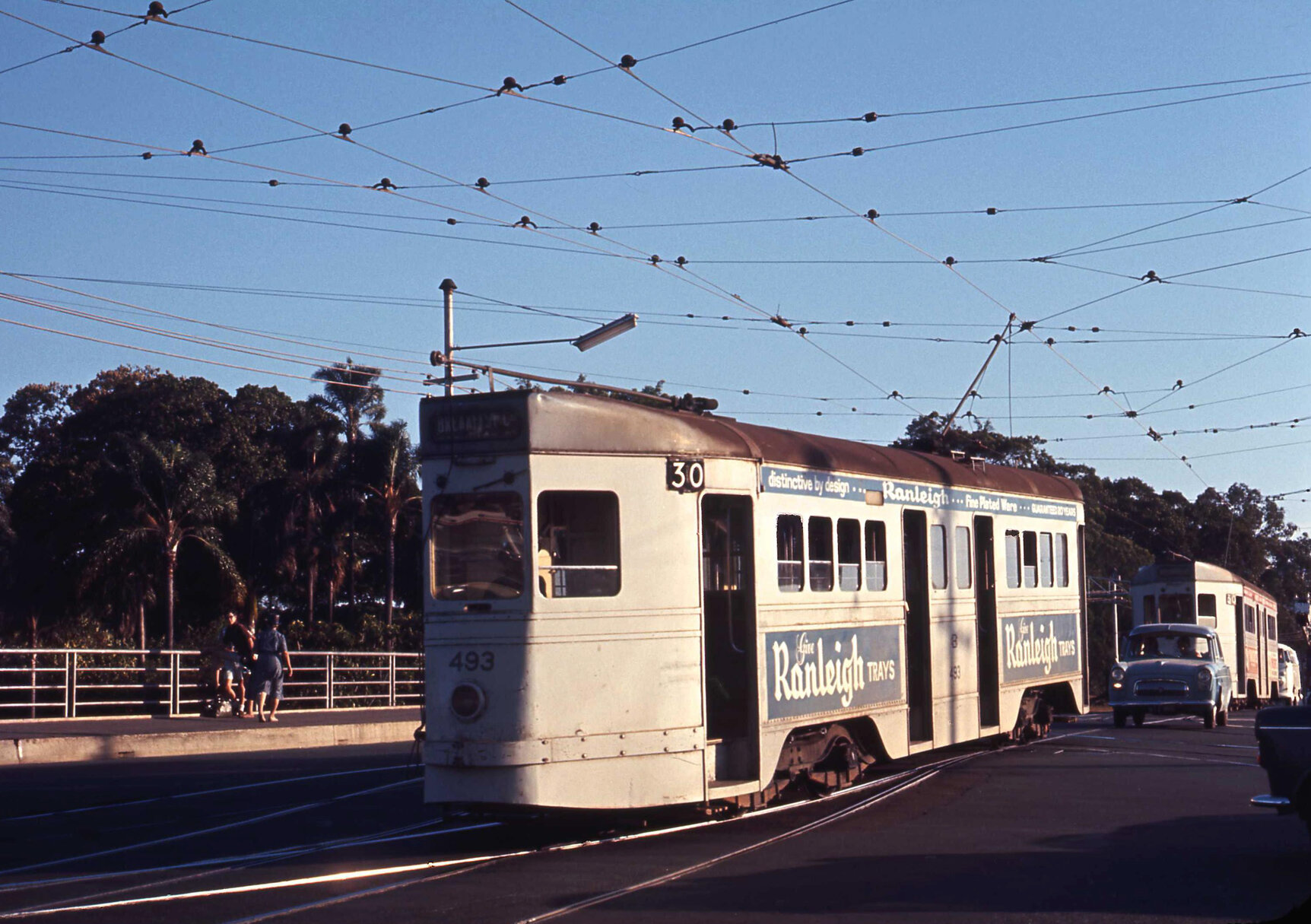 Tram No. 493 on Breakfast Creek Bridge, Kingsford Smith Drive, Newstead 1969