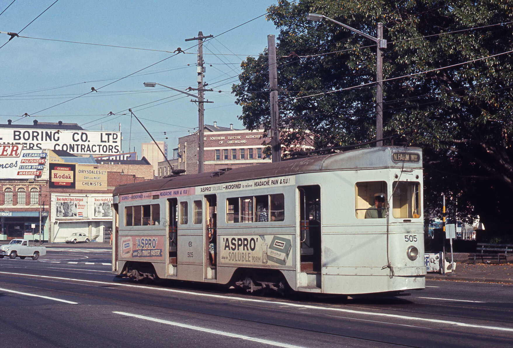 Tram No. 505 passing Centenary Place Park on Ann Street, Fortitude Valley - 1969