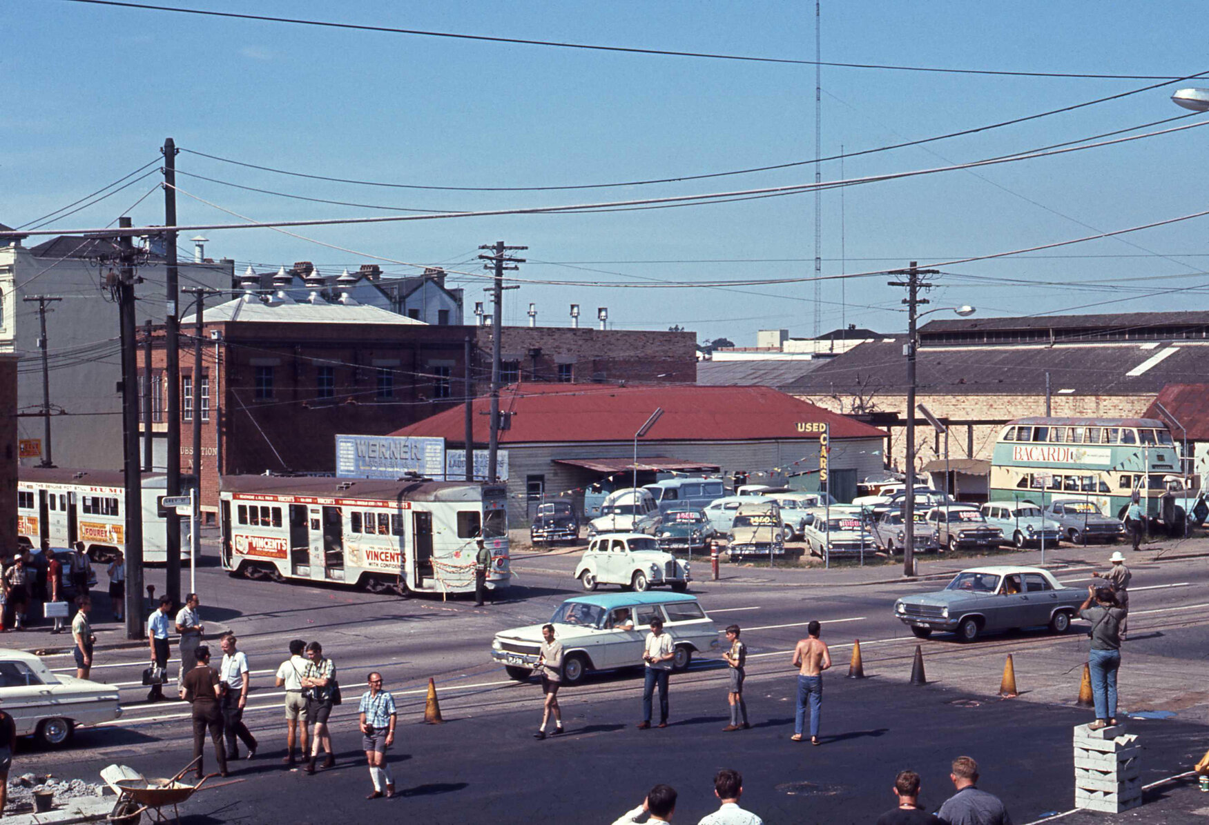 Tram No. 412 decorated with No. 531 at corner of Russell Street and Grey Street, South Brisbane - 1969