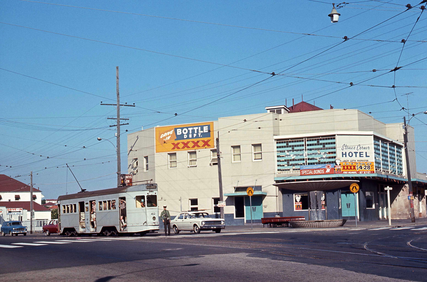 Tram No. 412 on Old Cleveland Road outside Stones Corner Hotel - 1969