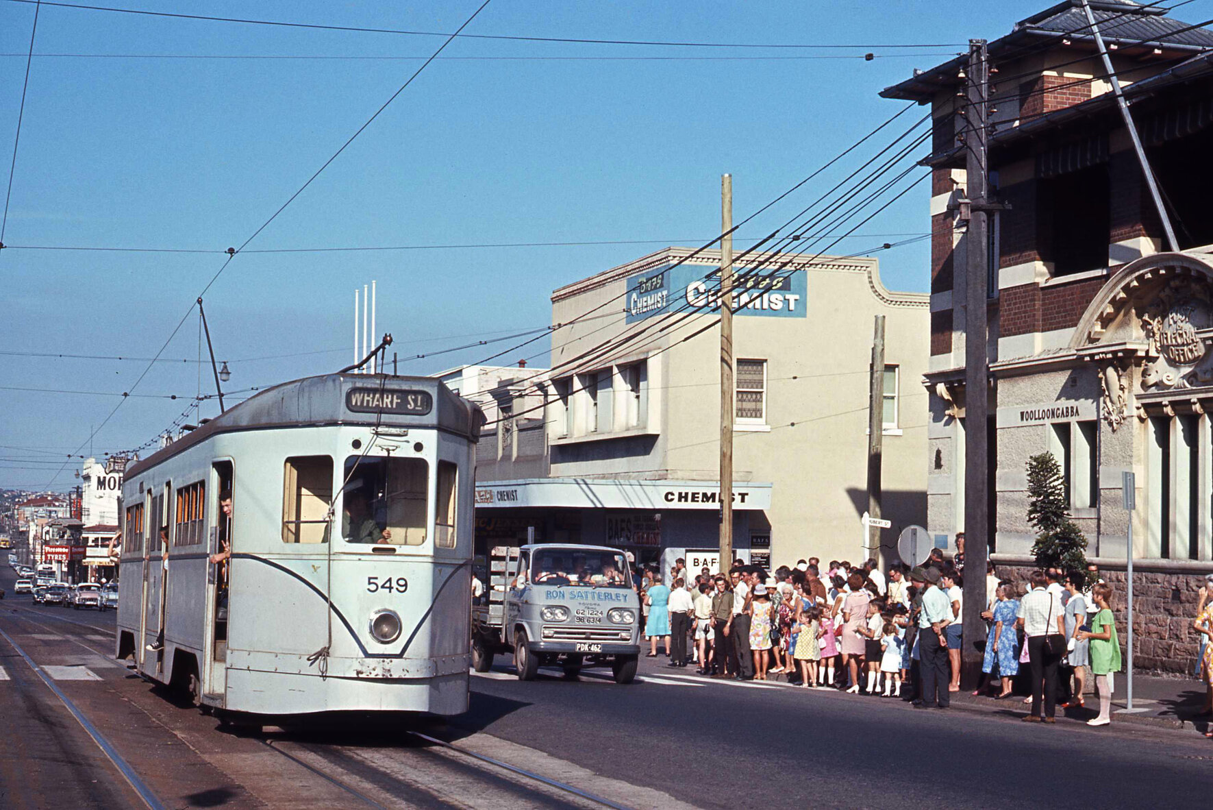 Tram No. 549 outside Woolloongabba Post Office, Stanley Street - 1969