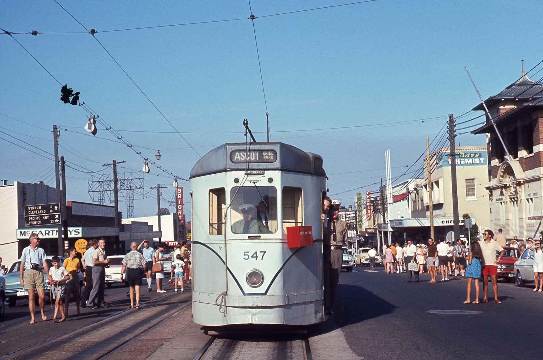Front shot of tram No. 547 Stanley Street near post office, Woolloongabba - 1969