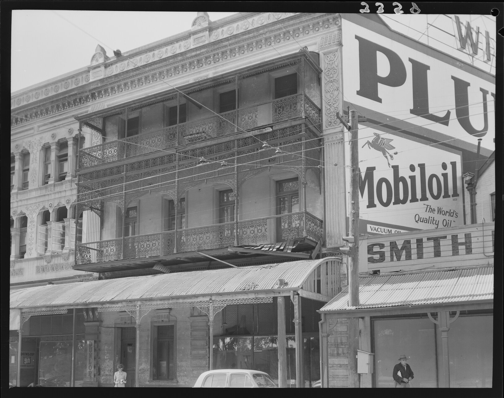 Ornate facade in Woolloongabba with dilapidated balconies in Stanley Street opposite the Gabba - 1952